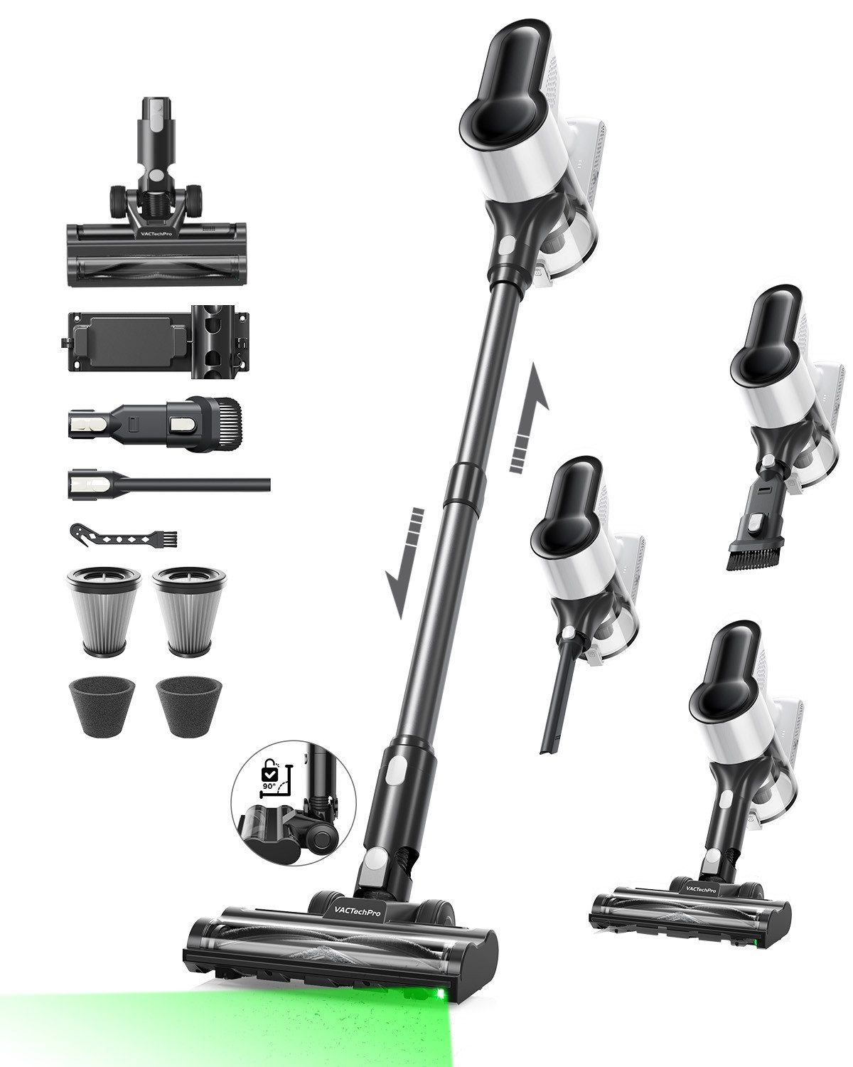 VACTechPro Akku-Hand-und Stielstaubsauger Akkustaubsauger 550W/50kPa/50Min., 8‑stufigem Filtersystem, 550 W, Selbststehend für Böden/Teppiche/Tierhaare