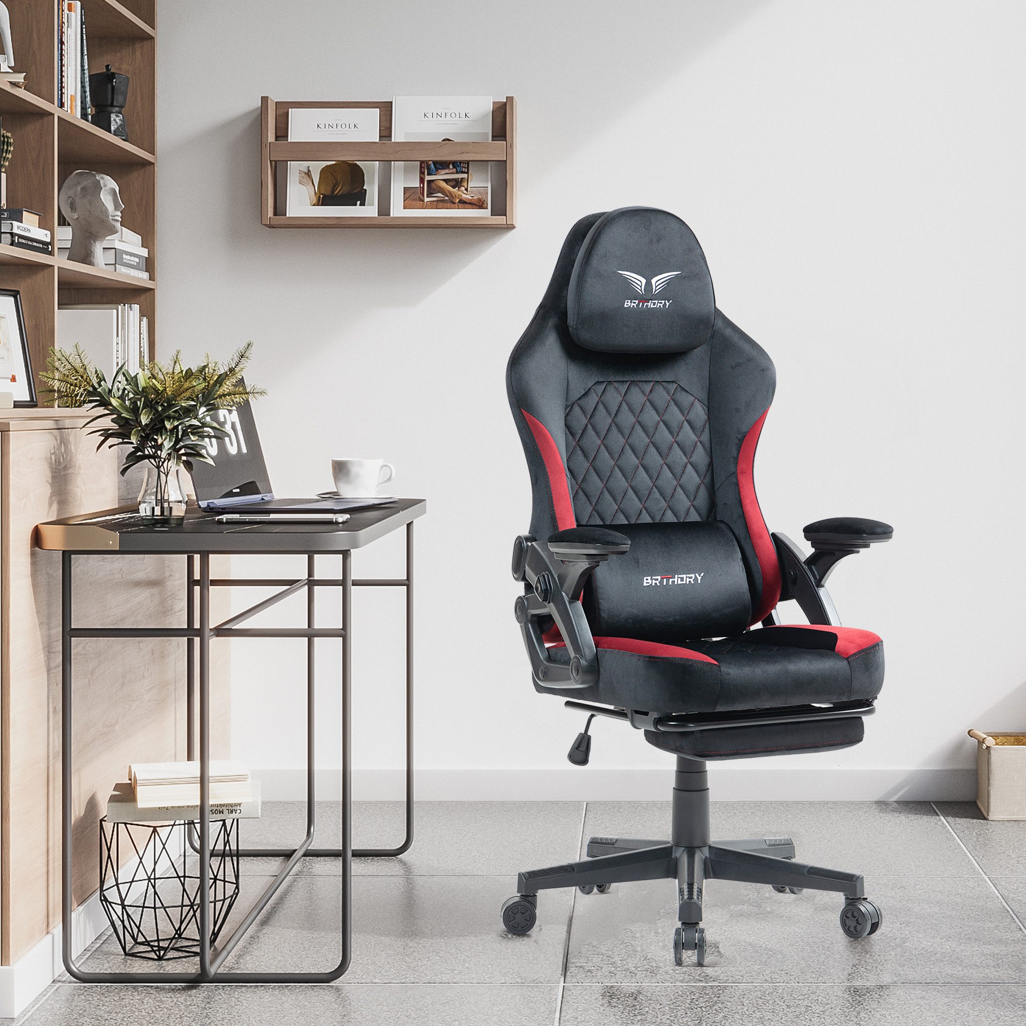 BRTHORY Gaming-Stuhl Rmit Verstellbare Kopfstütze Wippfunktion, 135°, Schwa günstig online kaufen