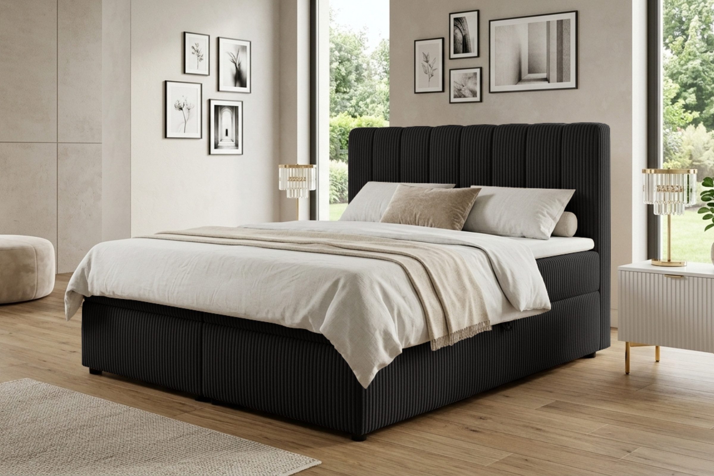 Deine Möbel 24 Boxspringbett VICTOR in Cord-Samt, inkl. 2 Bettkästen, Federkern-Matratzen (H3/H4) (Set, 1-St., Farben: Ecru Beige Creme Hellgrau Anthrazir Schwarz), Boxbett in 120x200 140x200 160x200 180x200 200x200