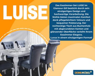 Deine Möbel 24 Essgruppe LUISE Tischgruppe Glamour Tisch mit 6 Stühlen Esszimmer, (7-tlg., Wohnzimmer, Esstisch aus Massivholz), in Weiß hochglanz Stühle in Samt Velour 140x80x180 170x90x210