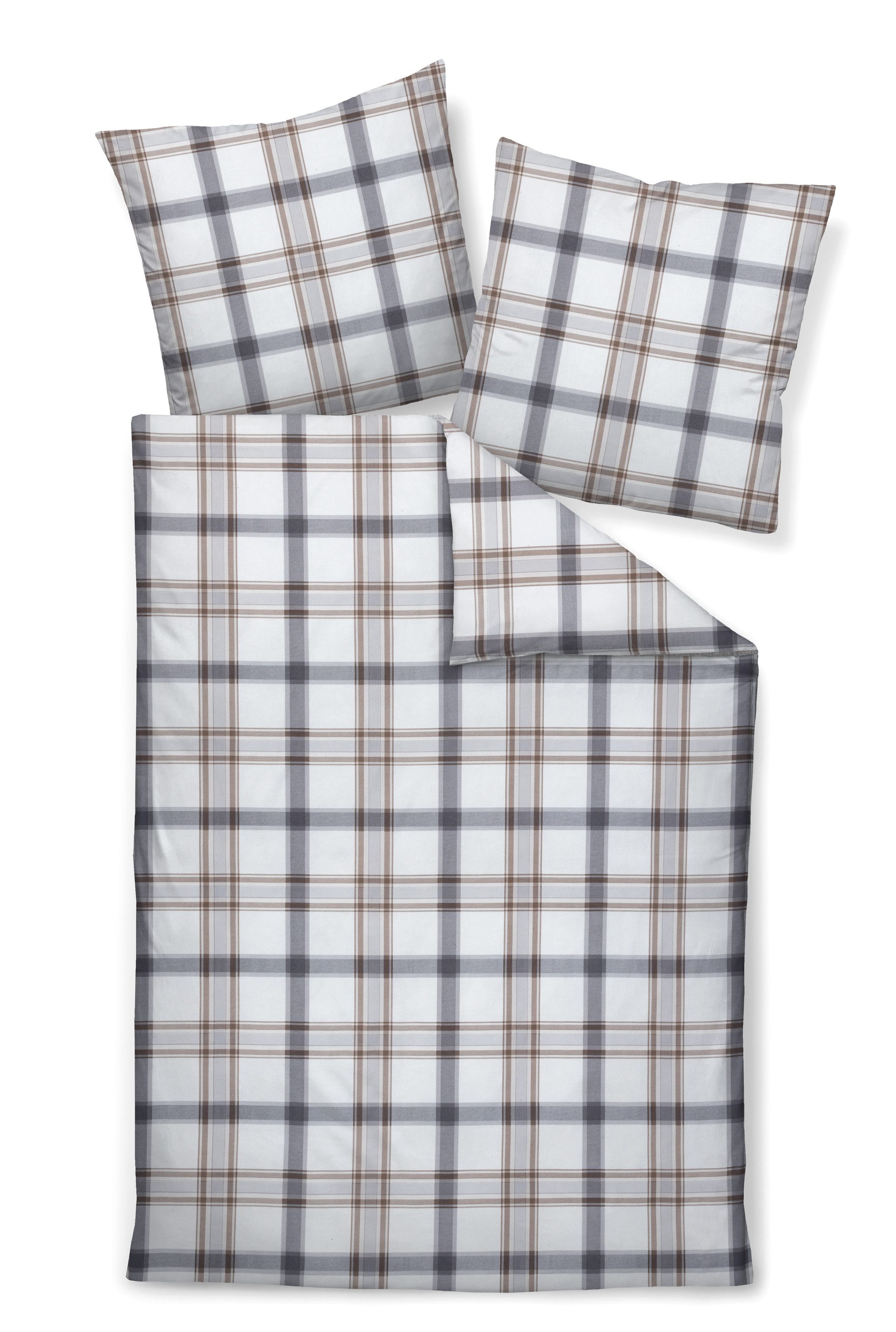 Janine Bettwäsche Soft-Cotton, Baumwolle, 2 teilig, kariert braun, grau, weiß