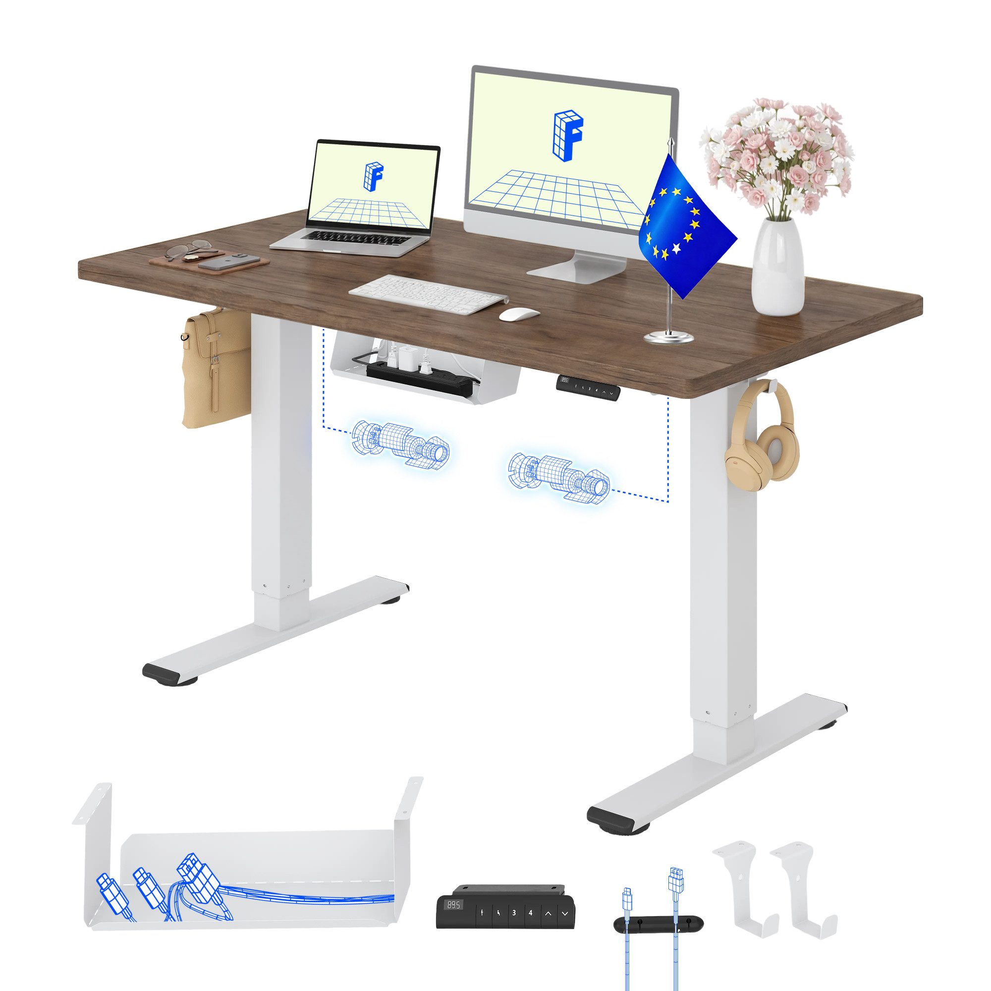 FLEXISPOT Schreibtisch Basic Plus höhenverstellbarer Schreibtisch mit Premium-Zubehör-Set (2 Motore & 2-Fach-Teleskop & 4 Höhenspeichertasten), MIT 25MM einteiliger Tischplatte, MADE in EU, 120/140/160/180