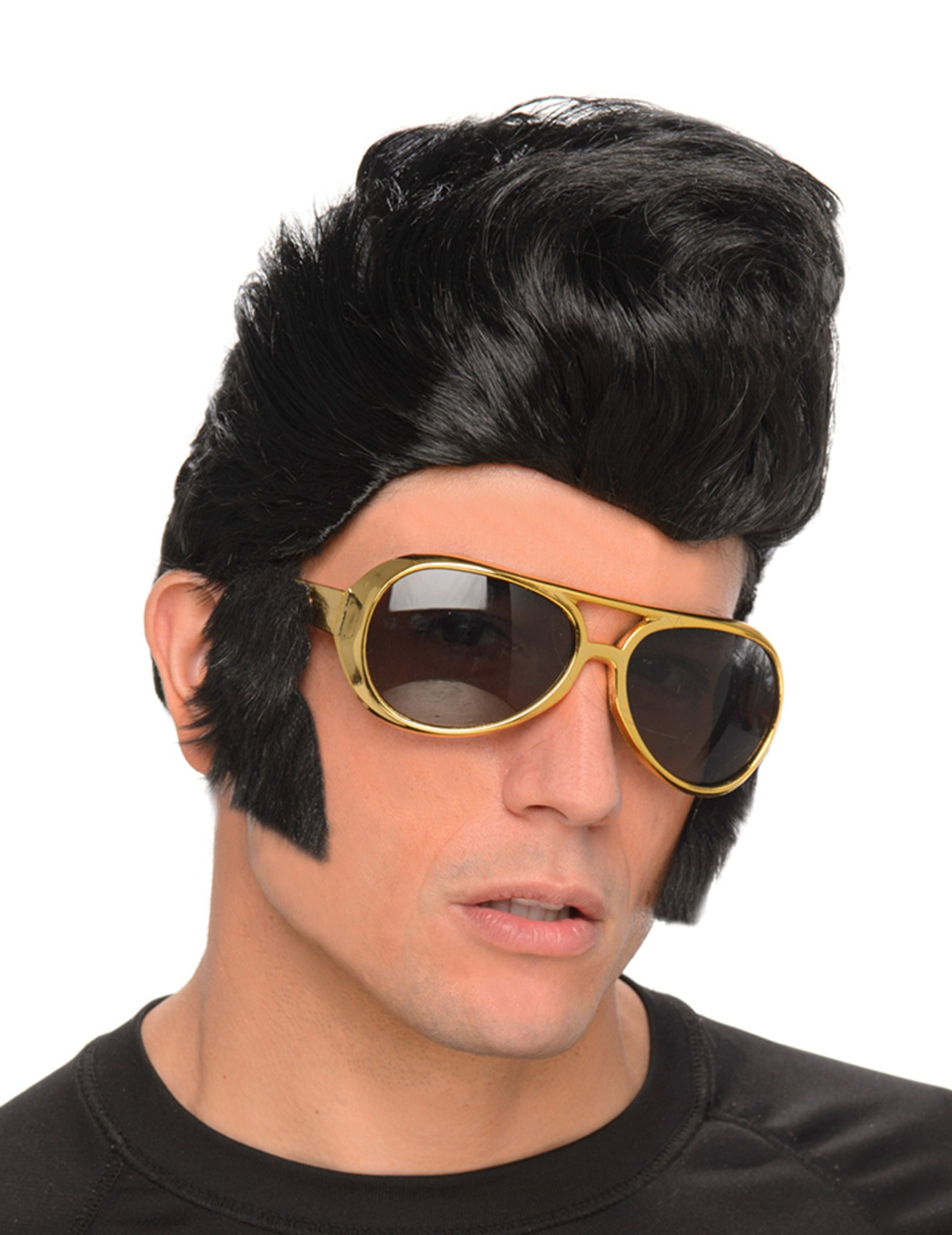 REDSUN Kostüm Rock and Roll Perücke Herren schwarz mit Brille gold
