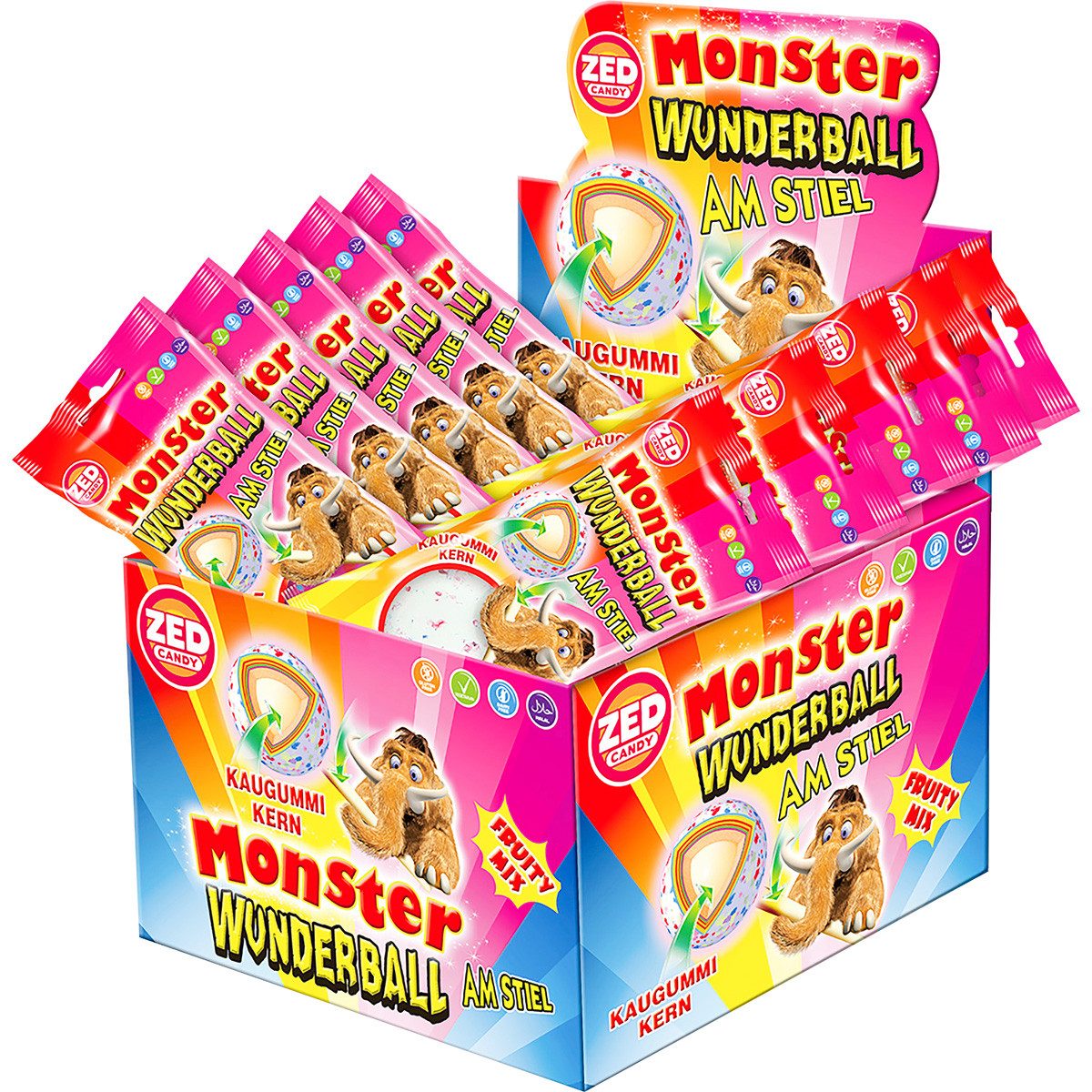 ZED Süßigkeit, ZED Monster Wunderball Fruity am Stiel mit Kaugummi Kern 60g 16er Pack