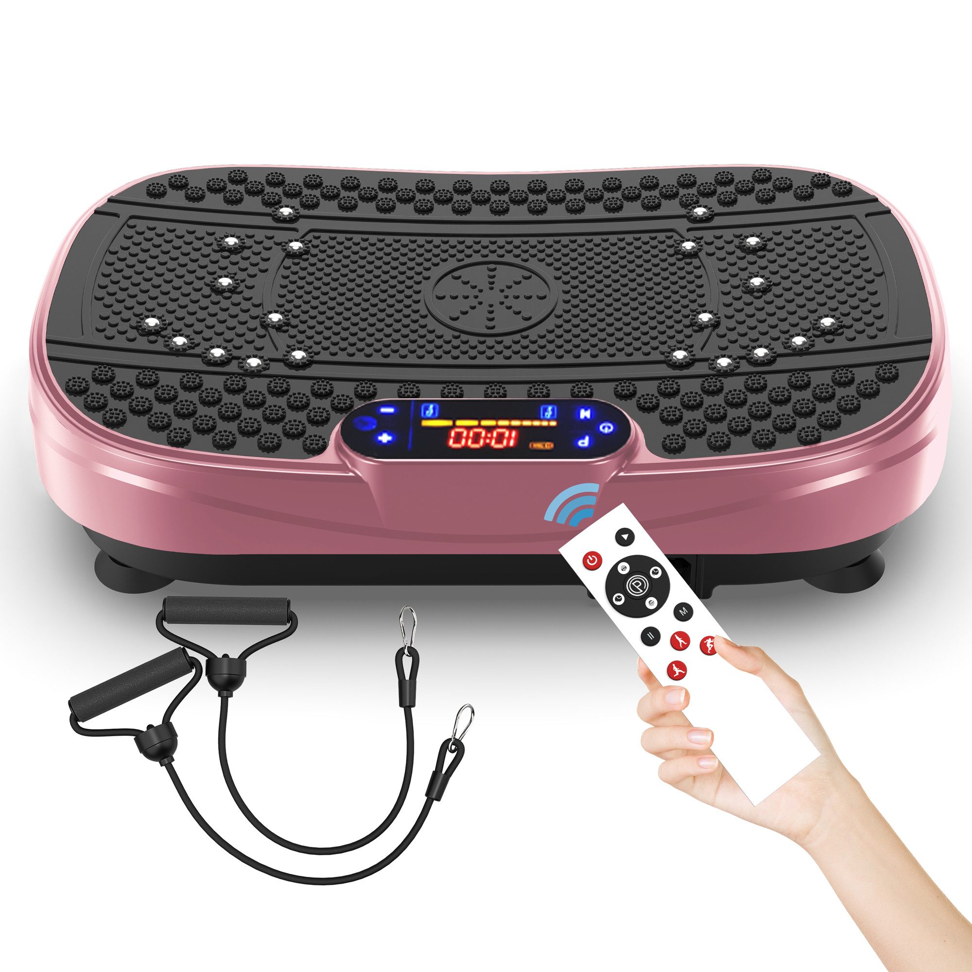 Rolipo Vibrationsplatte 120 Stufen, 53x32x13 cm, 7.5 kg – Ganzkörper-Fitnessgerät, 200 W, 5 Intensitätsstufen, mit Widerstandsbändern & Smartphone-Anschluss