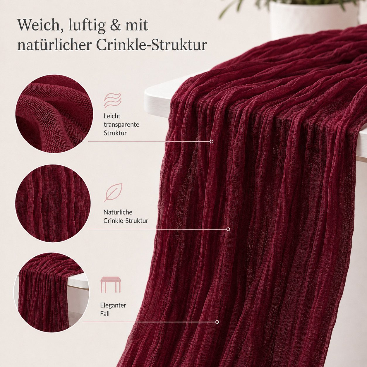 JASLIFE Tischläufer Käsetuch Gaze im boho deko herbst tischläufer (10-tlg, 55 x 300 cm, 90 x 300 cm), Natürliche Faltenstruktur, weich fallend, vielseitig dekor – Bild 3 von 5