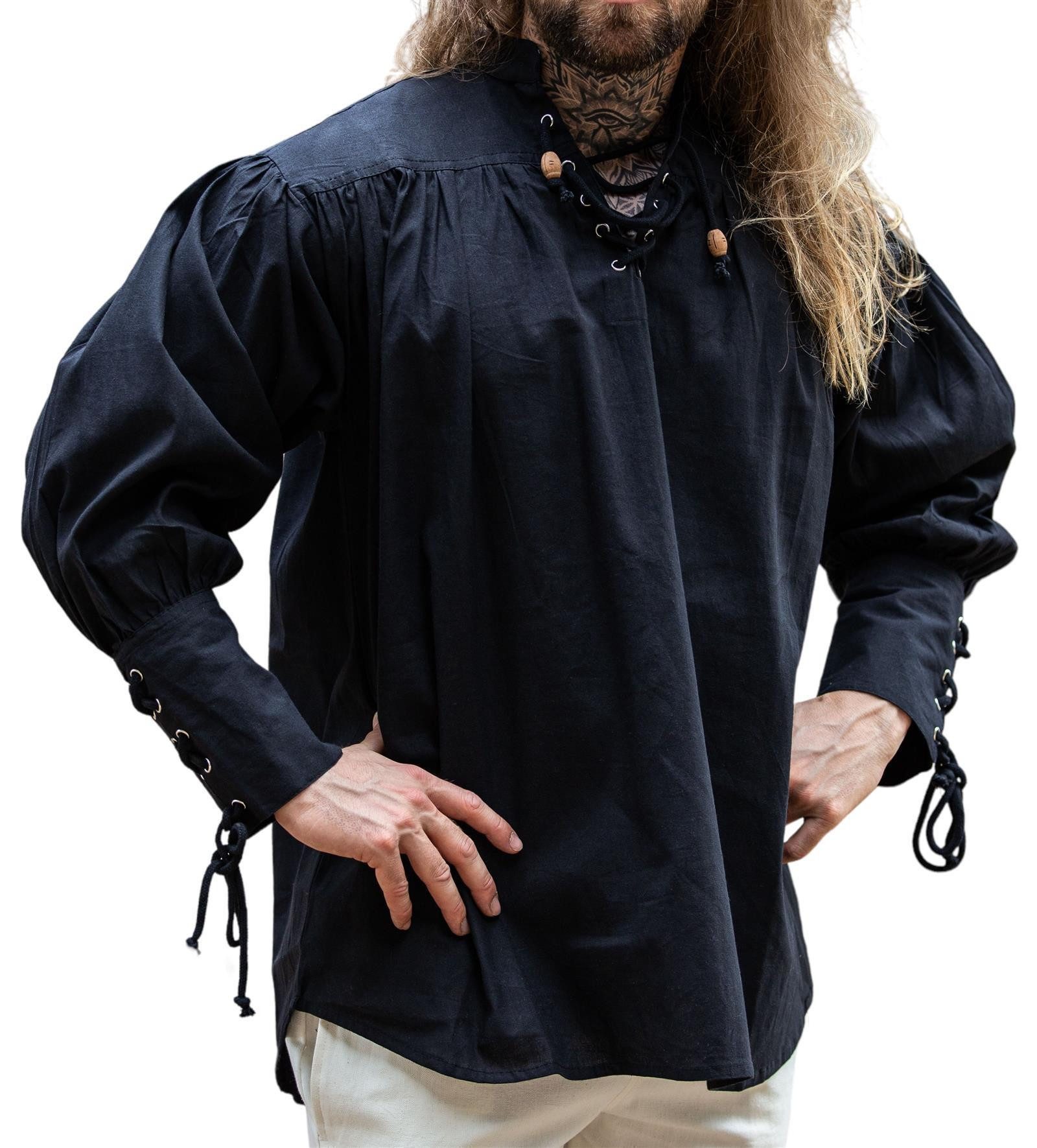 Leonardo Carbone Piraten-Kostüm Piratenhemd "Claude" mit geschnürten Manschetten, Holzknöpfe, kunstvolle Kordelschnürung