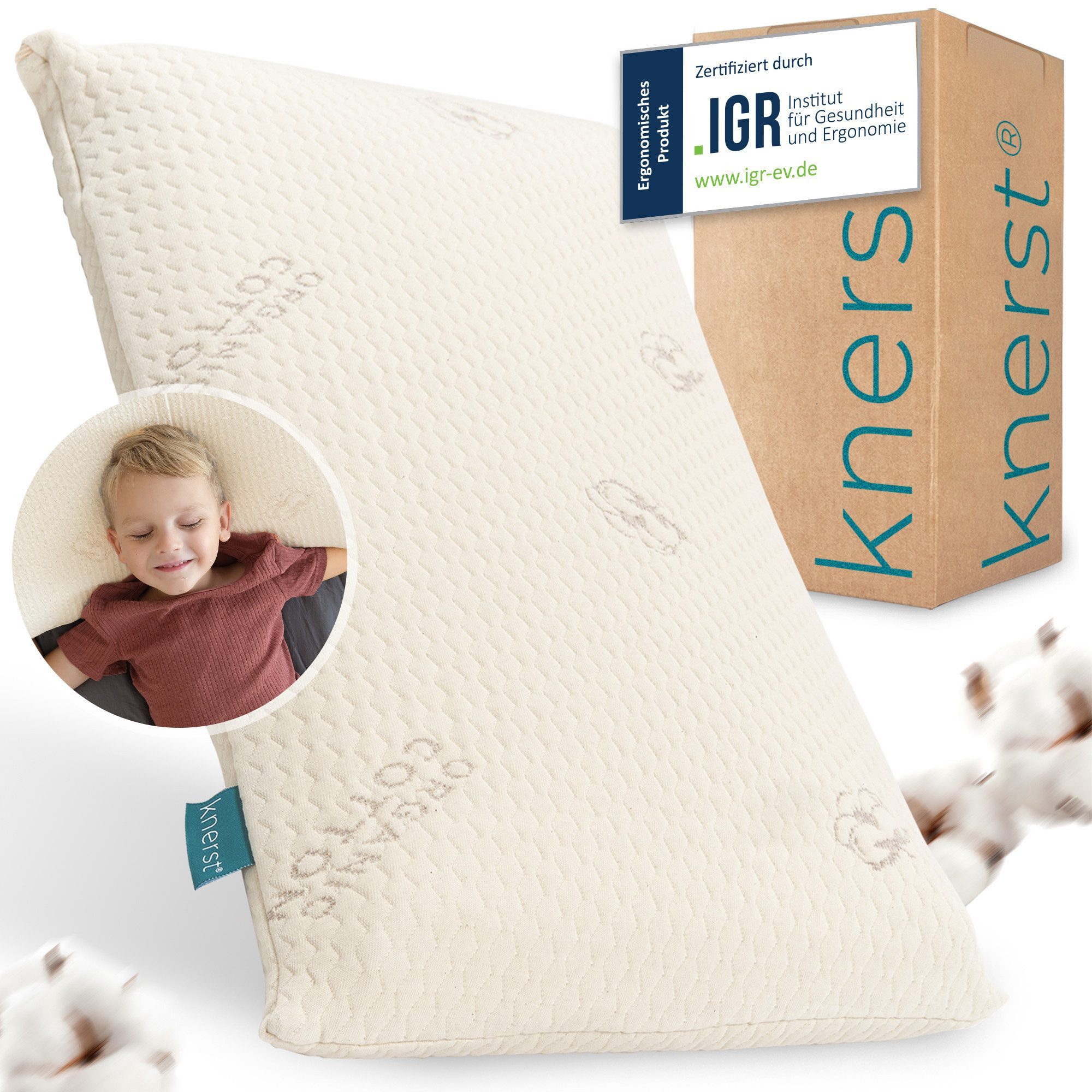 KNERST Kopfkissen für Kinder Memory Schaum Kinderkissen maschinenwaschbare Bezug, Füllung: CosyPUR Memory Gedächtnisschaum, Seitenschläfer, Bauchschläfer, Rückenschläfer, 40x60x6 cm, Memoryschaum, Nackenstützkissen, ergonomisch