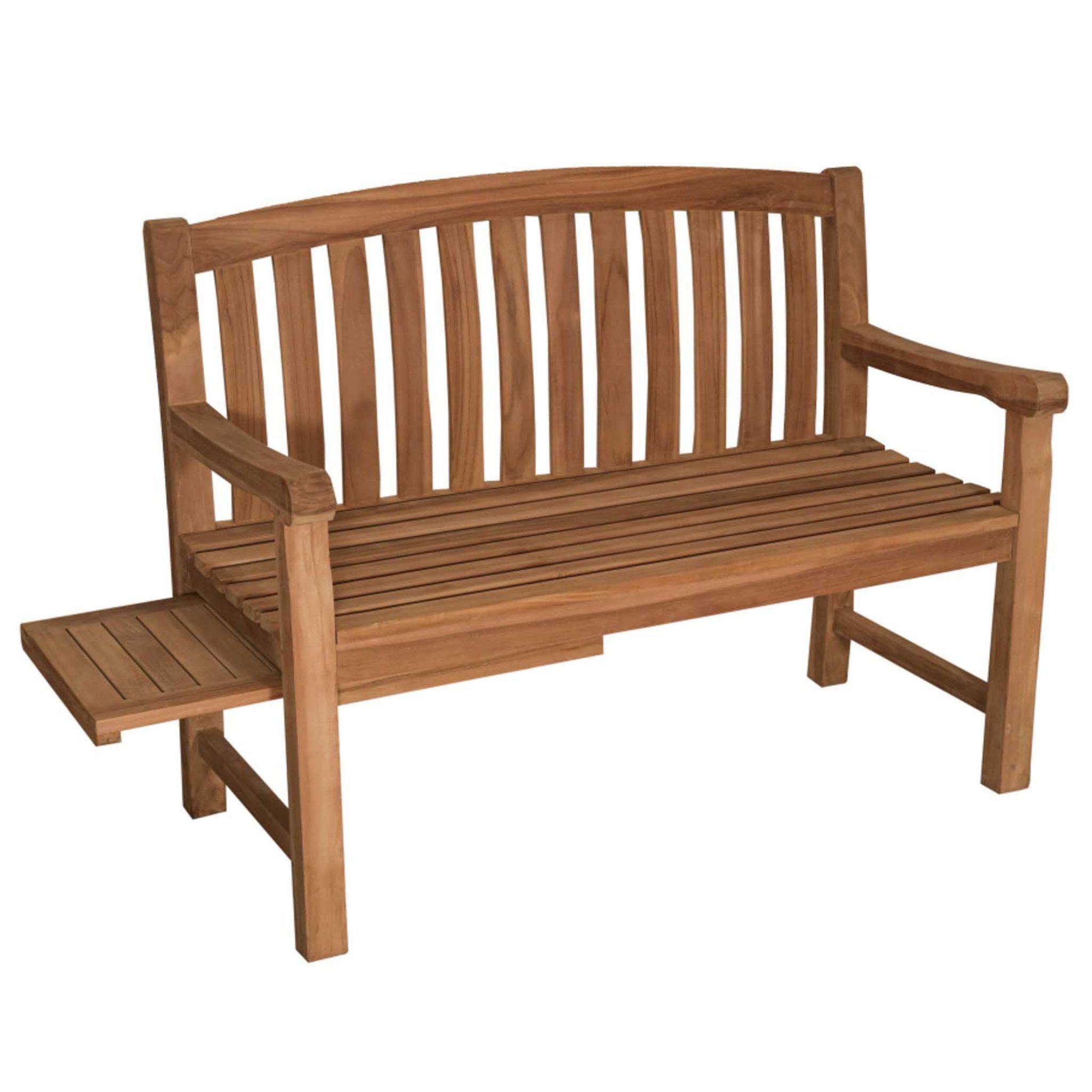 MR.DEKO Gartenbank Lancaster Teak Holz Bank 120cm mit Seitentisch (Auszug), wetterfest (Gartenbank mit integriertem Tisch, 1-St., 1 Gartenbank mit einseitig ausziehbarem Seitentisch), Ergonomische Teakbank mit integriertem Seitentisch