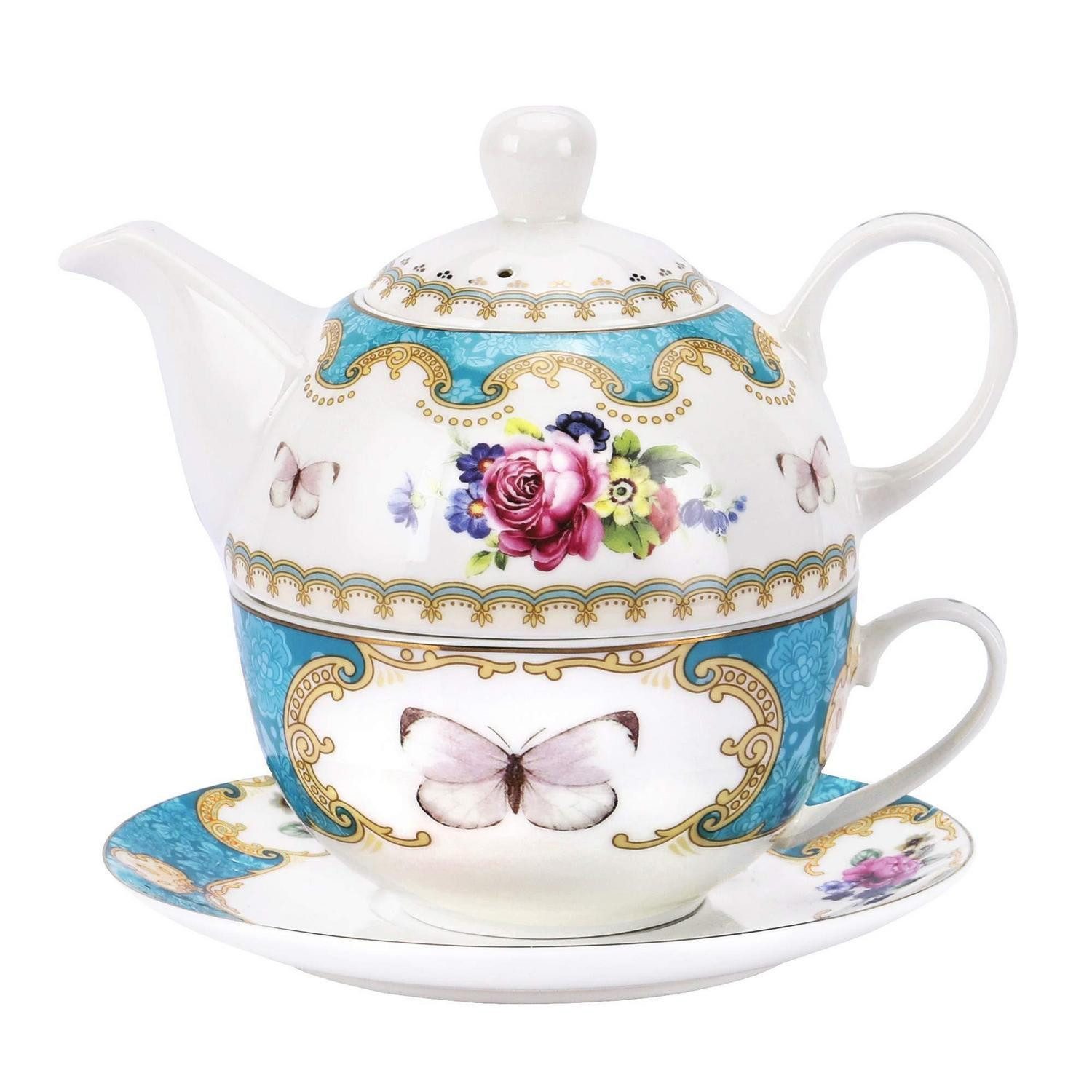 LuxusKollektion Teeservice Teeservice 1 Person Türkis Rosen, Keramik