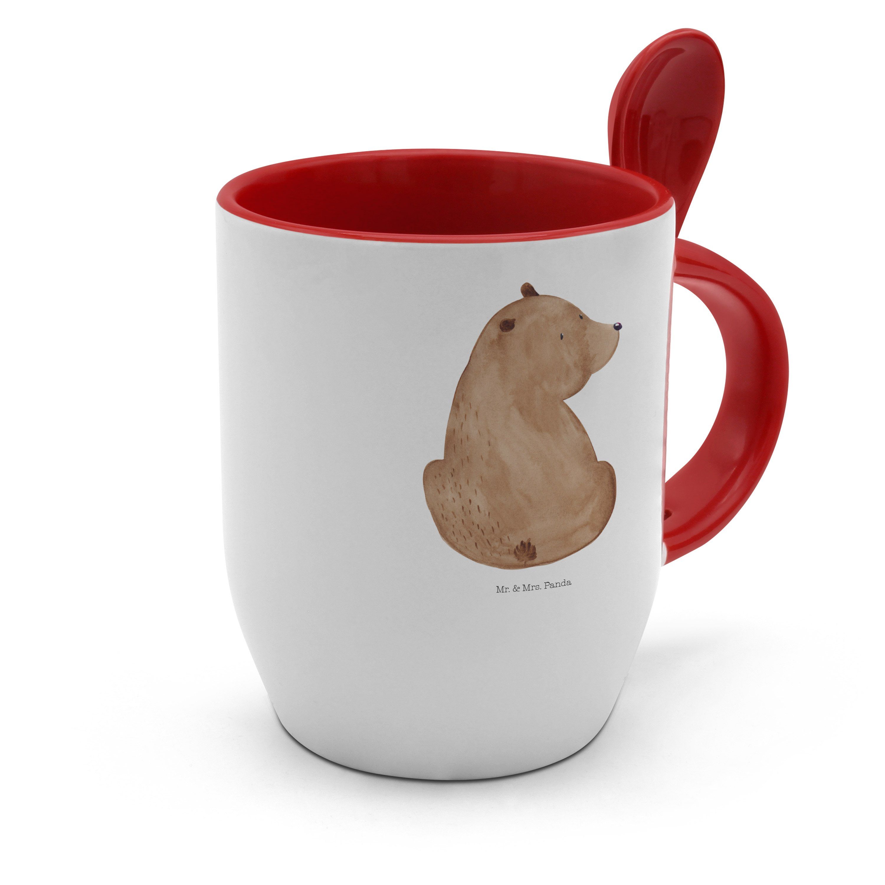 Teddybär, Mr. - Tasse mit Bär & Mrs. Panda Keramik Weiß Tasse Löffel, Geschenk, Weis, Schulterblick -