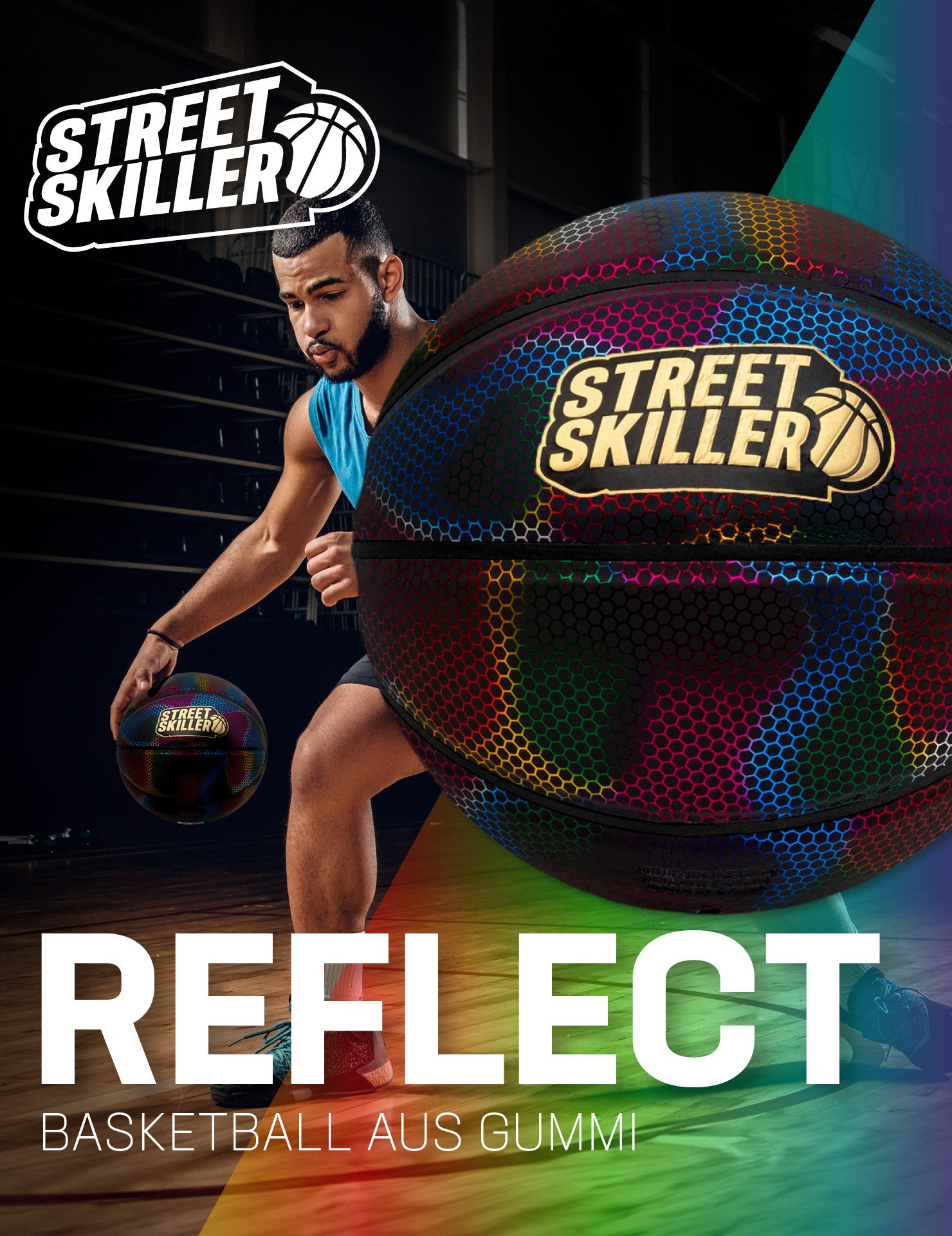 STREETSKILLER Basketball "Reflect" reflektierender Basketball, bunt reflektierendes Obermaterial