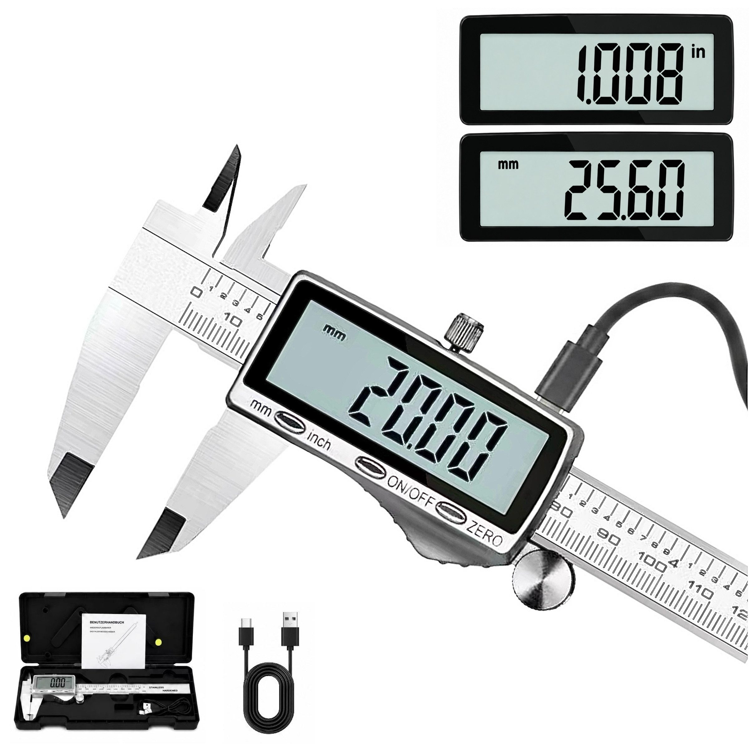 SOFTWEARY Messschieber aus Edelstahl, USB wiederaufladbar, max. 150 mm, Digital Messlehre mit LCD Display, Schieblehre 2 Modi