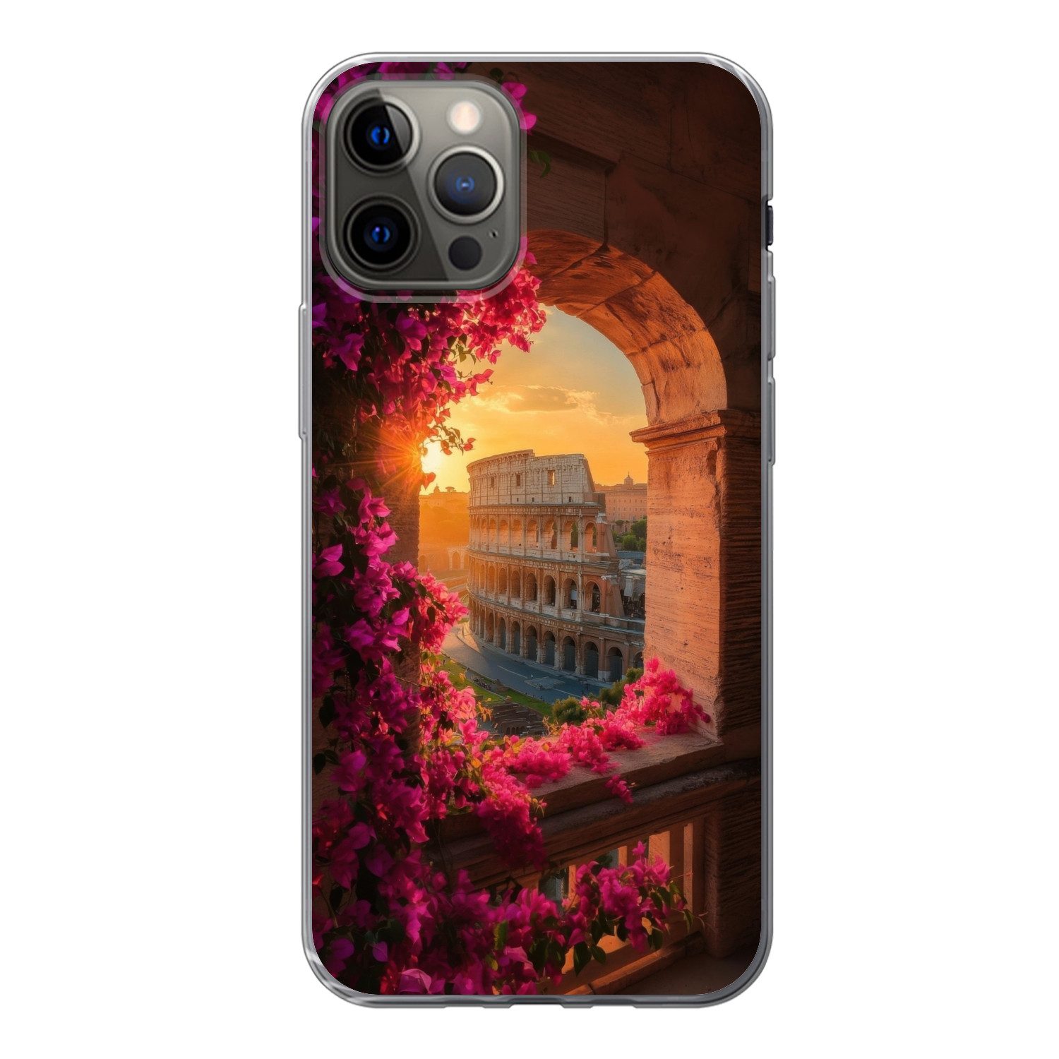 MuchoWow Handyhülle für Apple iPhone 13 Pro Kolosseum - Rom - Rosa Blumen, Smartphone-Bumper, Print, Handy Schutzhülle Dünn