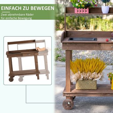 Outsunny Pflanztisch mit Schublade 2 Stufen Gärtnertisch Garten Tannenholz Braun (Set, 1-St., mit waschbecken und Rollen), 92L x 45B x 119H cm