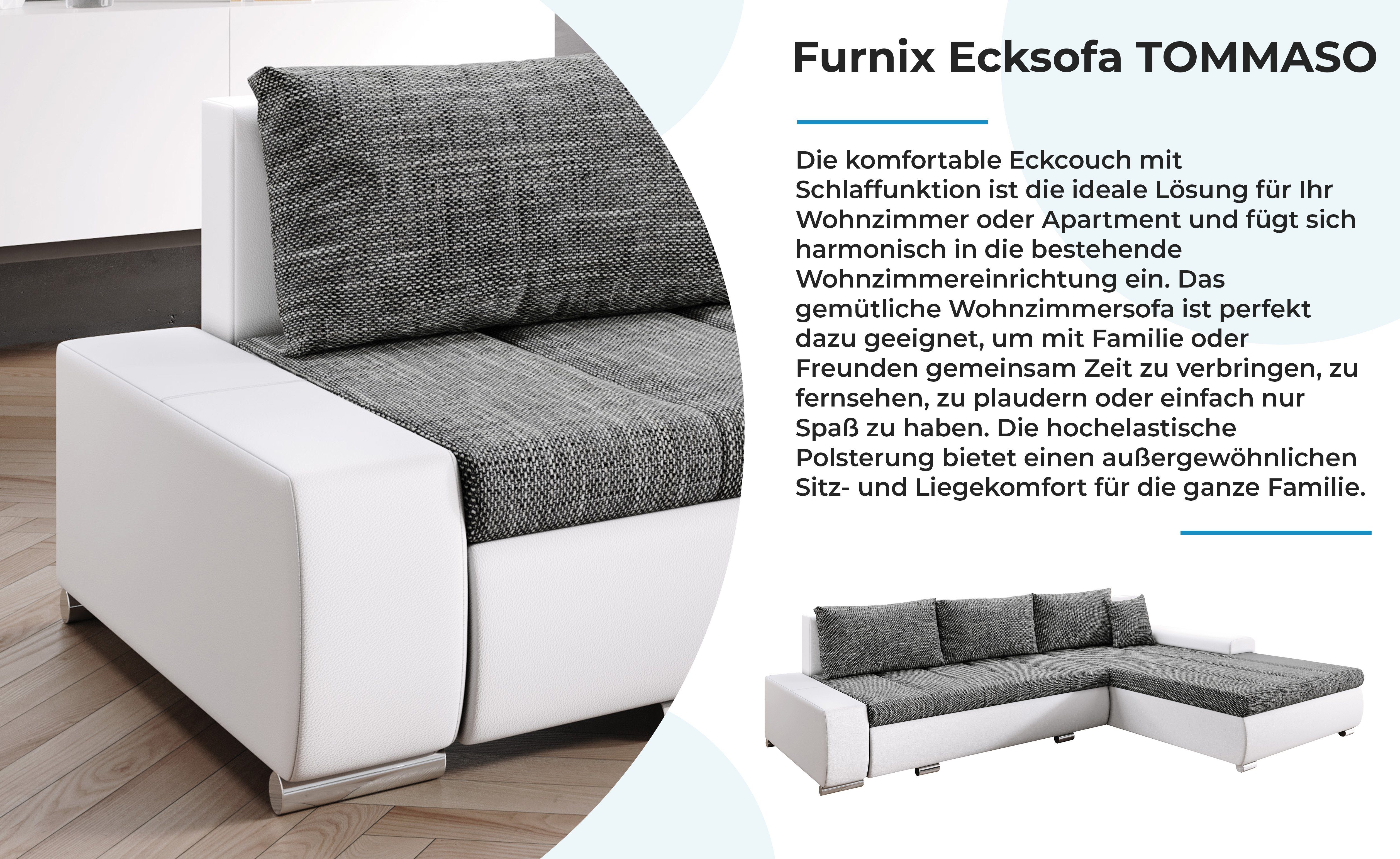 Ecksofa cm, Sofa mit Braun/Weiß Schlaffunktion Kissen T210 Bettkasten EU MA120 BE01 x Furnix Made TOMMASO hochwertig, x Stoff/Kunstleder in B297 H85 Couch,