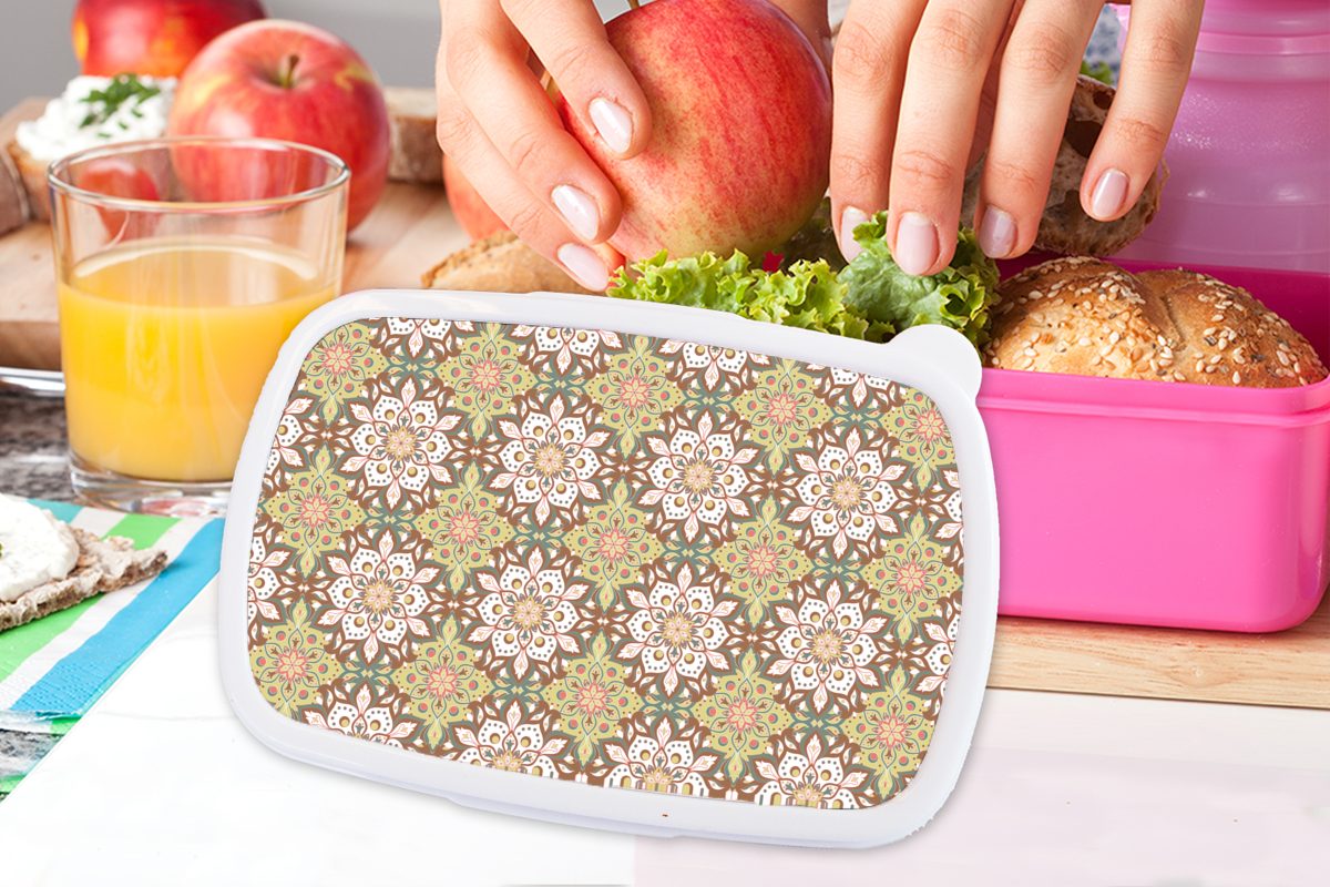 Brotdose - MuchoWow - Muster, rosa Lunchbox Mandala Kunststoff für Erwachsene, Brotbox Mädchen, Kunststoff, (2-tlg), Bohème Kinder, Snackbox,