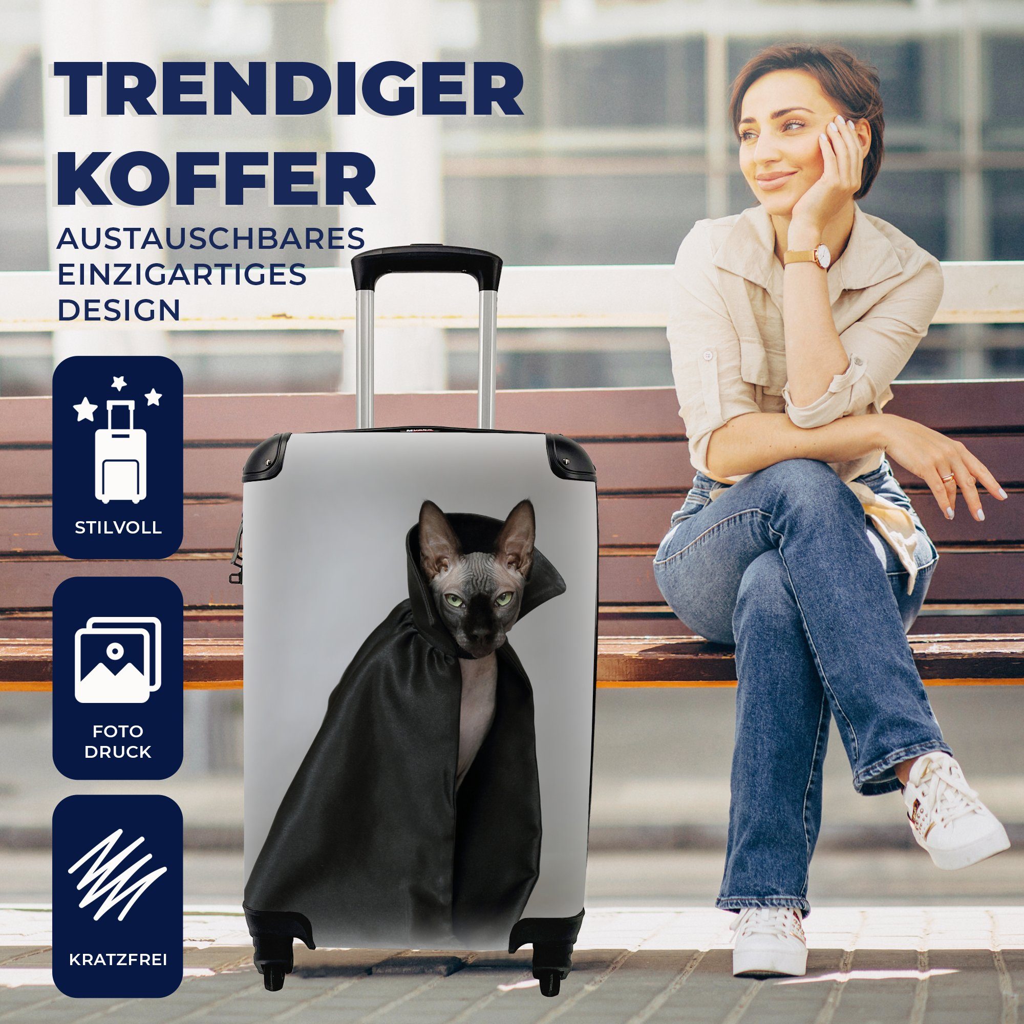 MuchoWow Handgepäckkoffer Katze - Umhang Reisetasche Ferien, 4 für - Schwarz, Reisekoffer rollen, Rollen, Trolley, mit Handgepäck