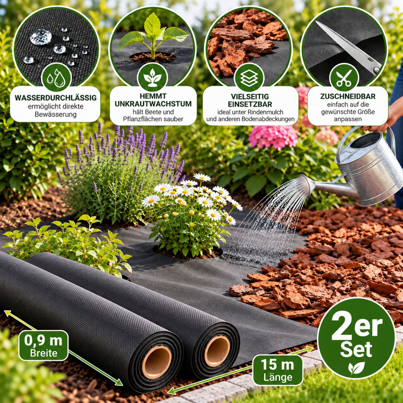 Haushalt International Im- und Export GmbH Gartenvlies Pflanzenschutzmatte Pflanzenschutzvlies 0,9x15m 2er Set, (Stück, 1-St., Packung), Vlies, Schwarz, je Rolle 15x0,9m, Zuschneidbar