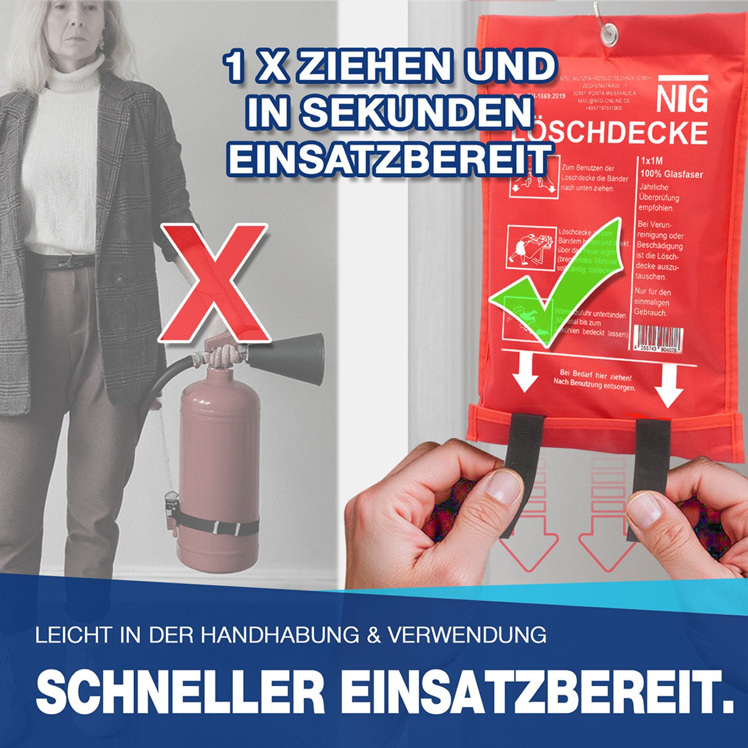 NTG Nutzfahrzeug Technik GmbH Löschdecke 1m² NTG Feuerlöschdecke Fiberglas Brandschutzdecke DIN EN1869, 100x100 cm, (0-St), Brandschutzdecke 1x1m
