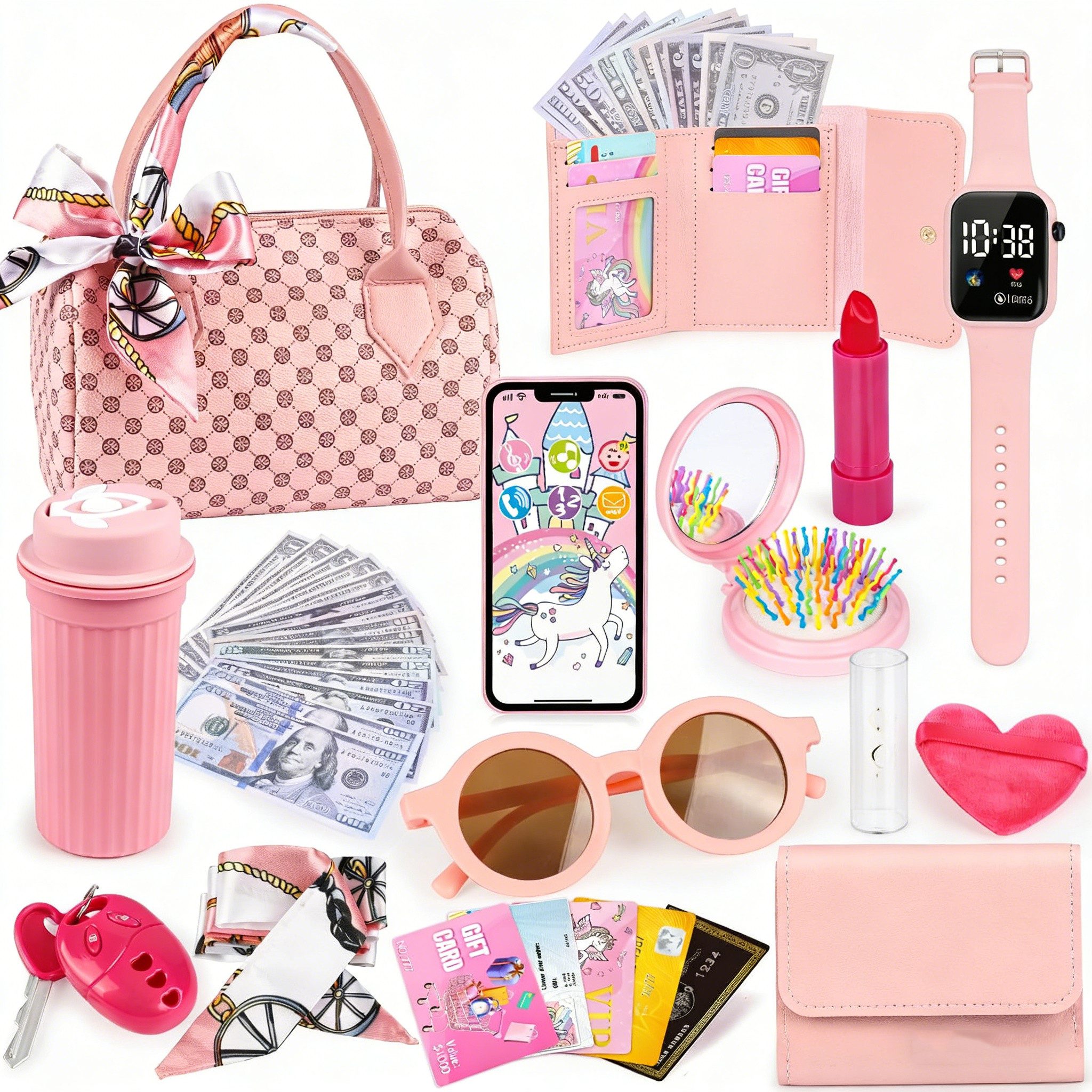 Zaewry Kreativset Make-up-Spielzeug,32-teilige Kleinkind, Kinder-Make-up-Set, Spielzeug-Geldbörse für Mädchen: Handtasche, Handy, Uhr, Schal