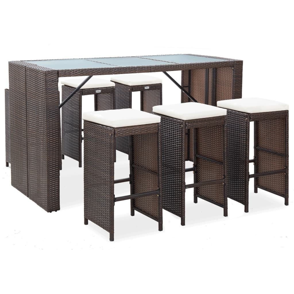 vidaXL Gartenlounge-Set 7-tlg. Gartenbar-Set mit Auflagen Poly Rattan Braun, (7-tlg)