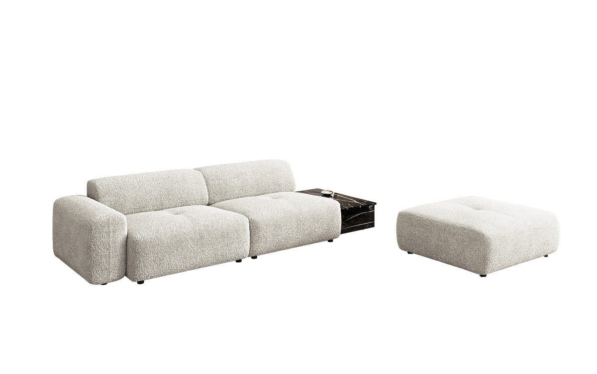 Luxusbetten24 Sofa Designer Sofa Calm 3 Sitzer in Bouclé, mit Beistellhocker und Beistelltisch