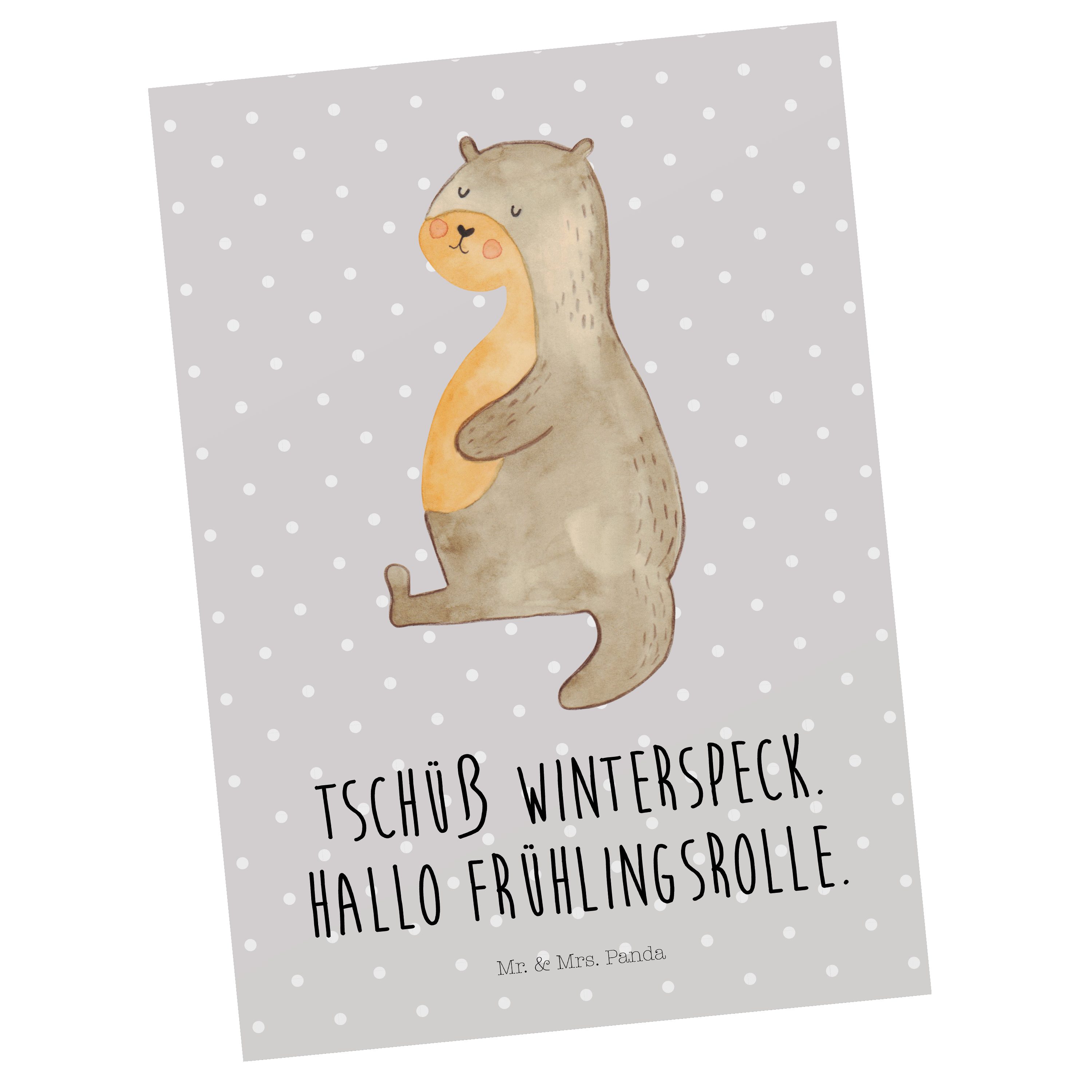 Mr. & Mrs. Panda Postkarte Otter Bauch - Grau Pastell - Geschenk, dick, Geschenkkarte, Einladung