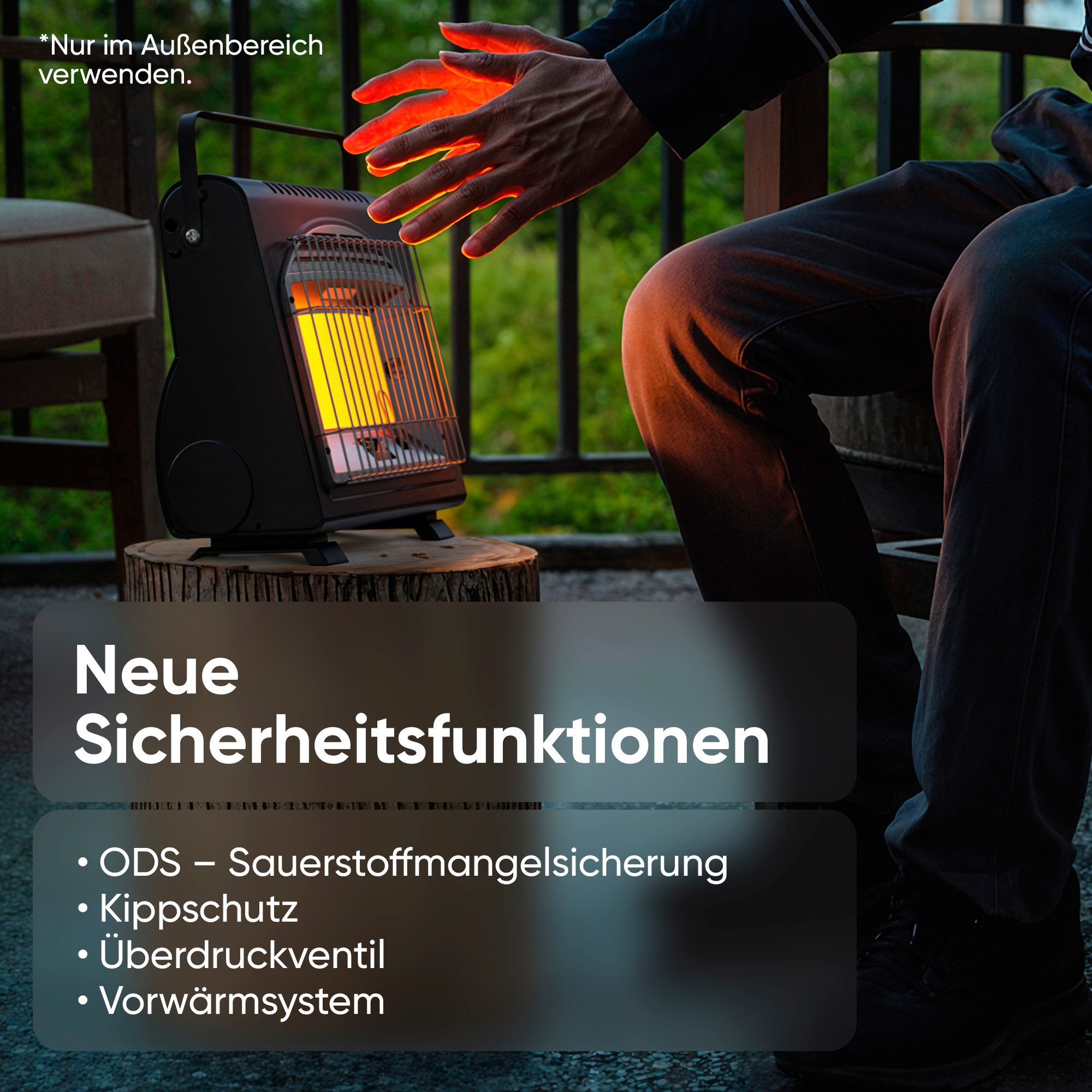 EVOCAMP Heizgerät mit Piezozündung tragbar, 1,7 kW, für Camping ohne Strom, Sauerstoffmangelsicherung für Gaskartuschen MSF-1A, Piezo-Zünder