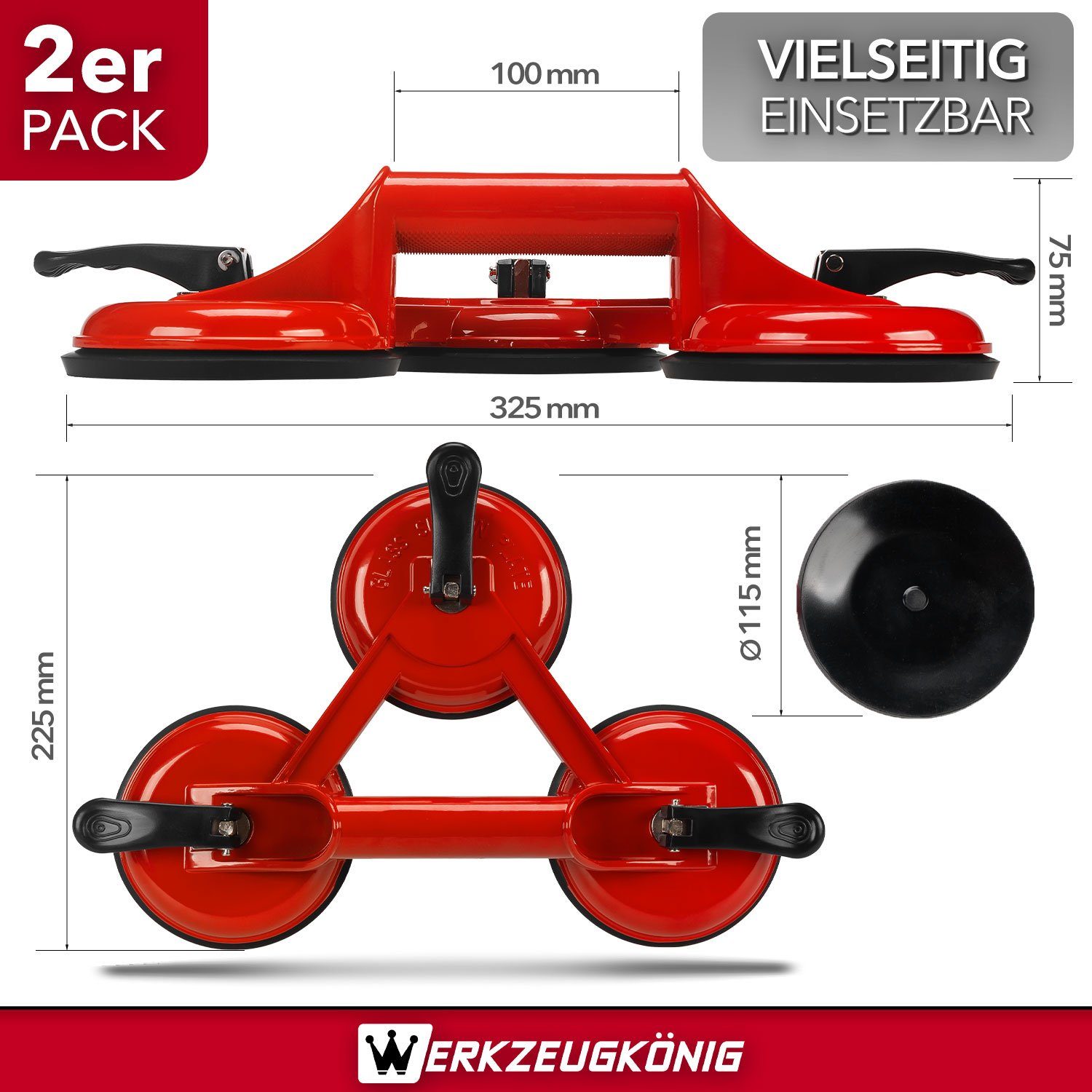 Werkzeugkönig Saugheber Vakuumheber Plattenheber, max. 170,00 kg Traglast, 3-fach Glassauger, -], 2er Set, leichte Bedienung