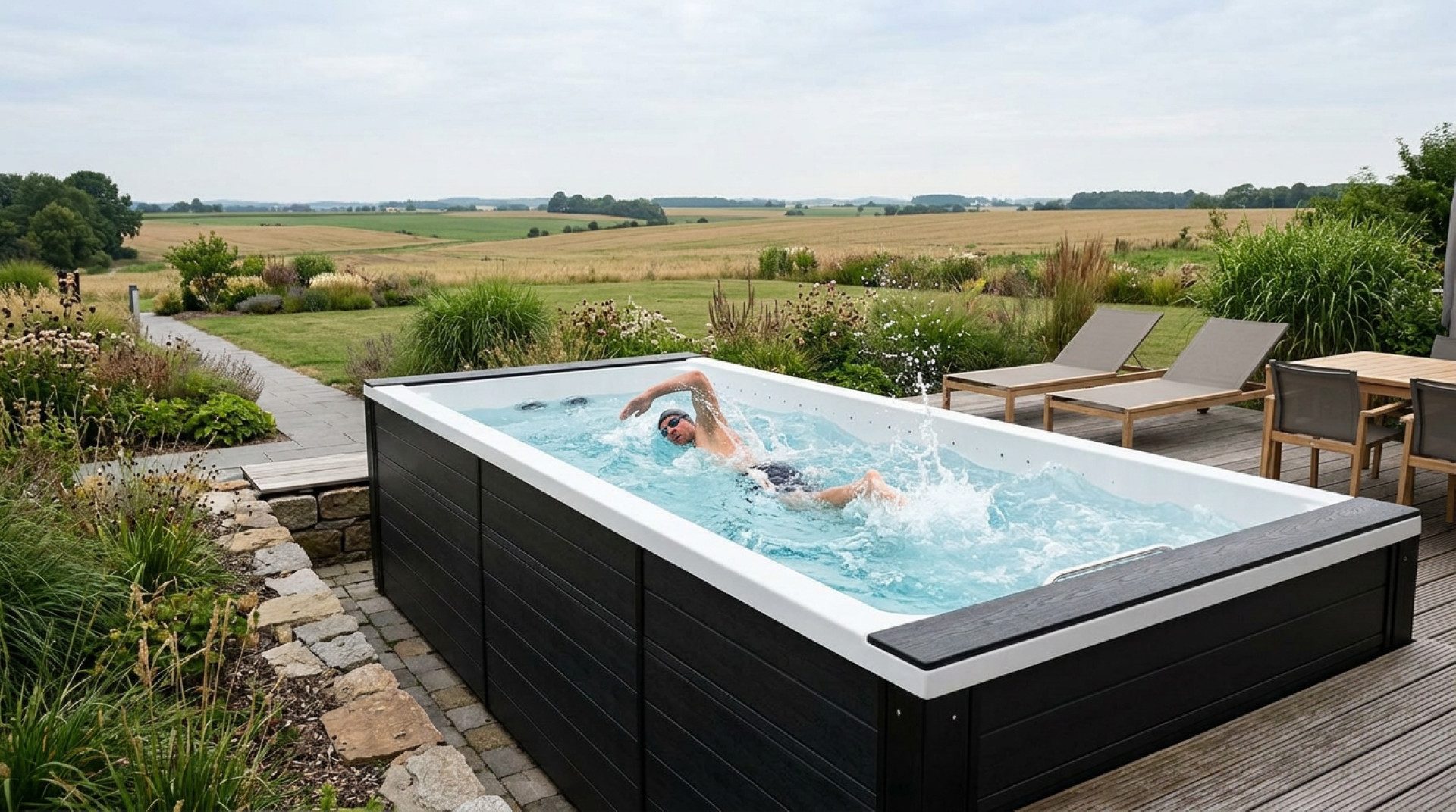 SPA Kompagniet Whirlpool Scandinavic Wood Art "Santorini" Swim Spa Gegenstromanlage 589×228 cm, Aufstellbecken, (Komplett mit Gegenstromanlage, Thermo-Cover, 2 Filtern und Beleuchtung), Drei Gegenstromdüsen und integrierte Stufentreppe mit Spa-Düsen