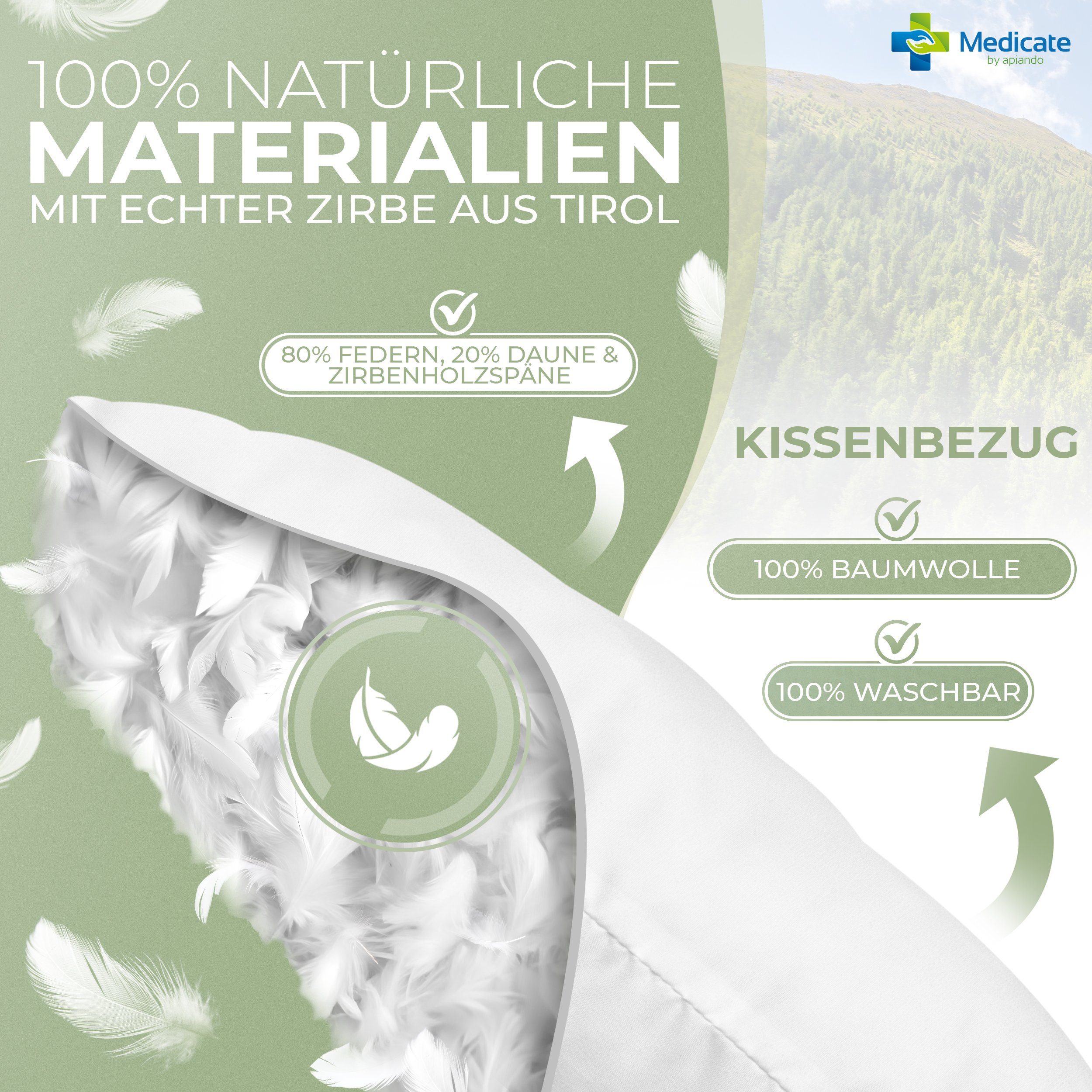 Medicate Zirbenkissen Medicate Zirbenholz Kopfkissen 40x80 cm, 1-tlg., Mit Zirbenholz, Waschbar, Allergikerfreundlich