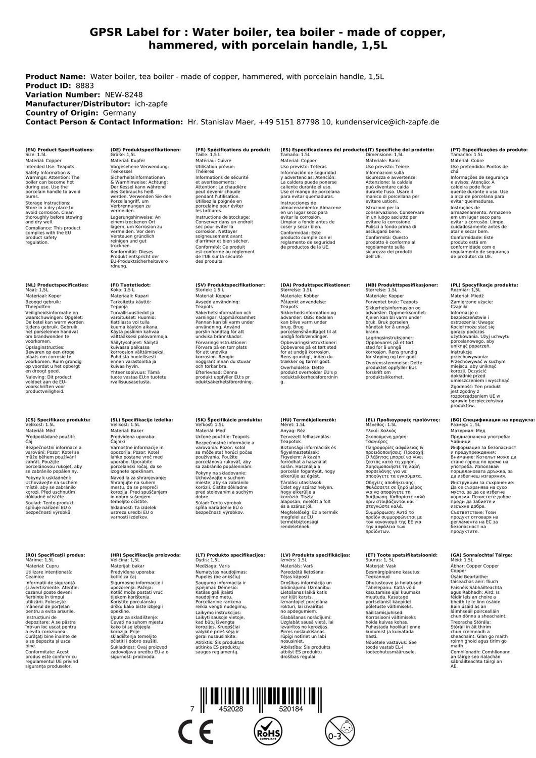 ich-zapfe Wasserkessel Wasserkessel, Teekessel - aus Kupfer, Gehämmerte, Mit Porzellangriff
