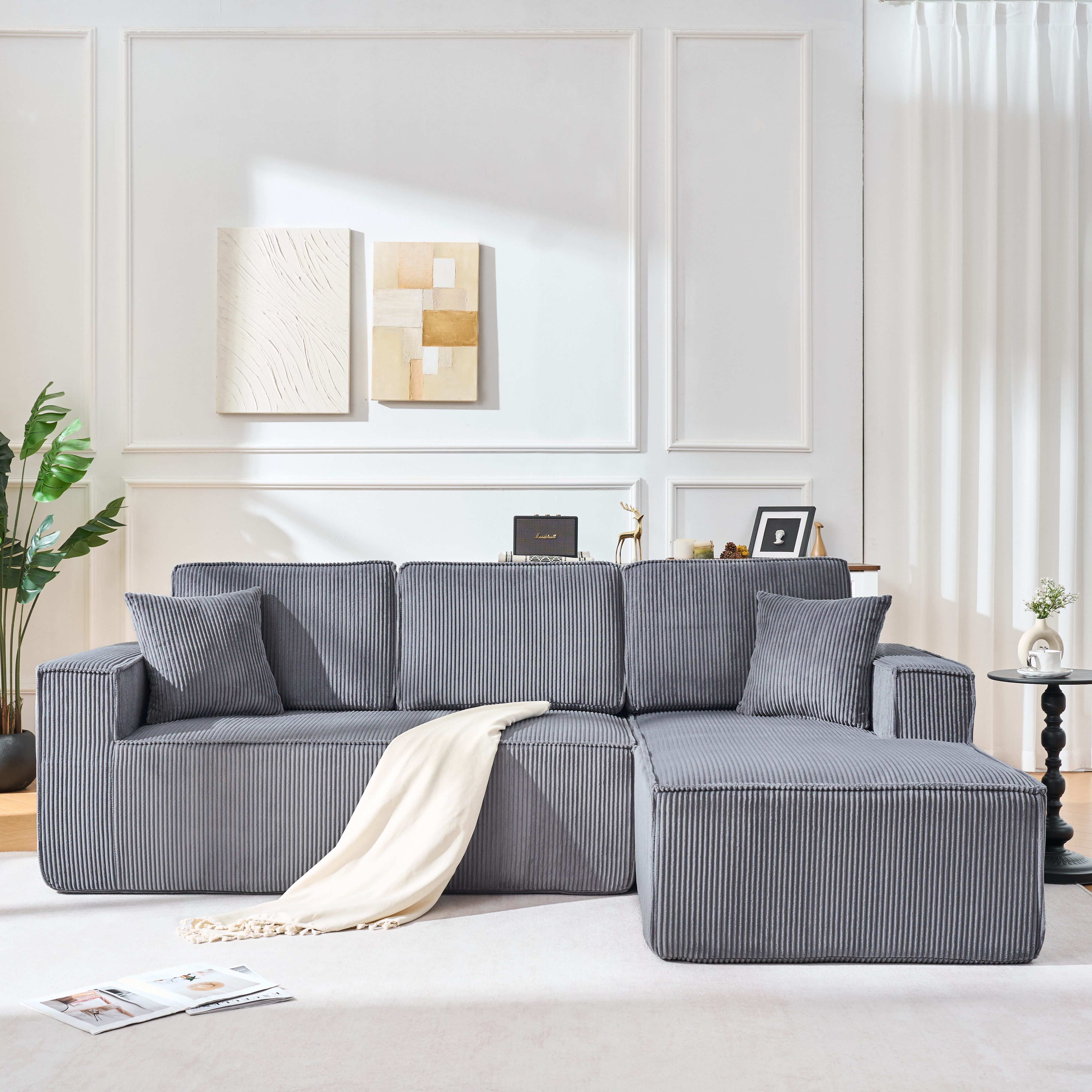 OKWISH Schlafsofa Ecksofa 235x128x60 cm vollkomprimiert aus Cordstoff mit Chaiselongue, modulares Ecksofa mit weichem Hochdichtschaumpolster 1 Teile, modulares Ecksofa mit weichem Hochdichtschaumpolster