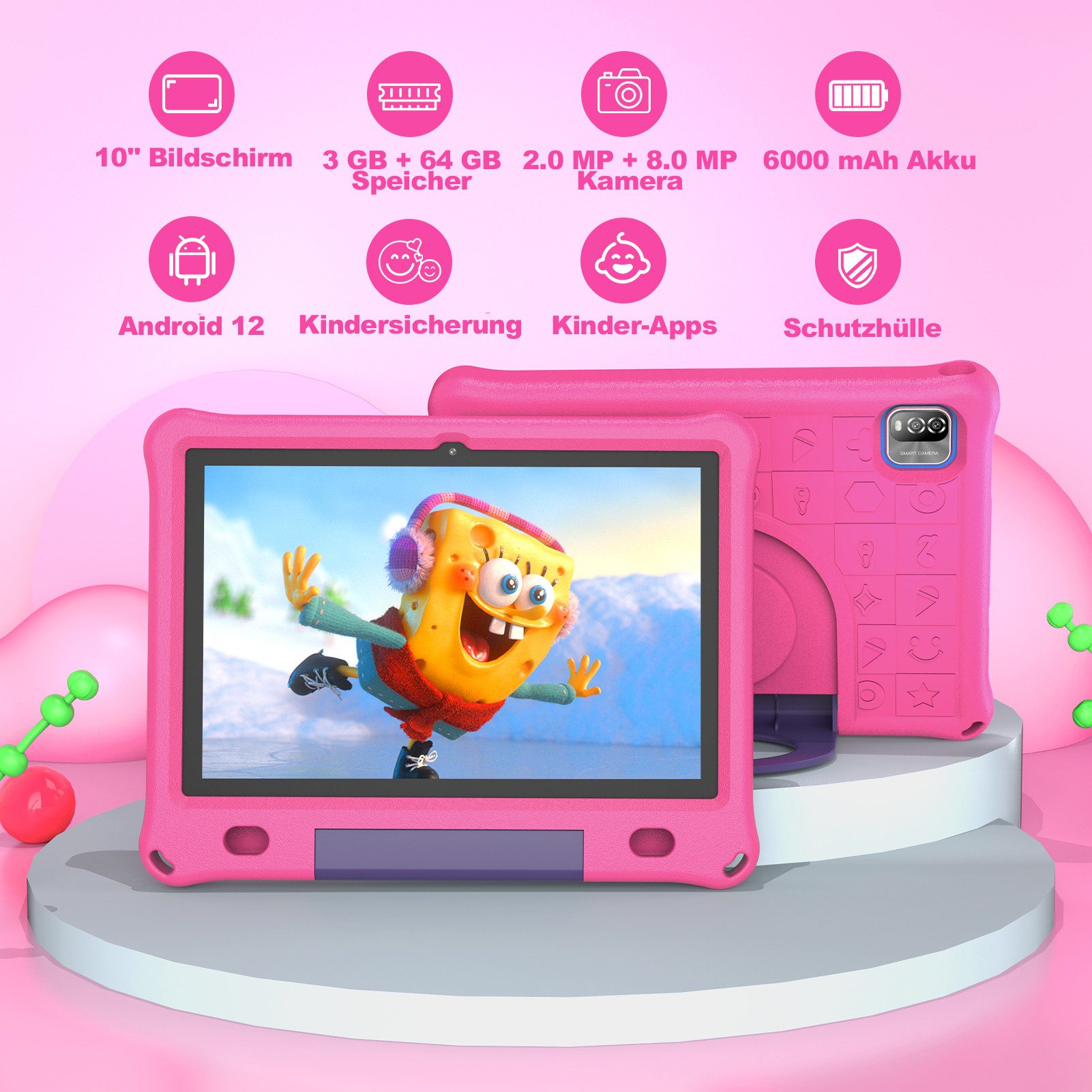PRITOM 10 zoll Android tablet,12GB ROM+64GB RAM kinder learn-tablet Tablet (10.1 Zoll Tablet", (6000mAh,HD IPS 1280x800,5G wifi,Elterliche Kontrolle)