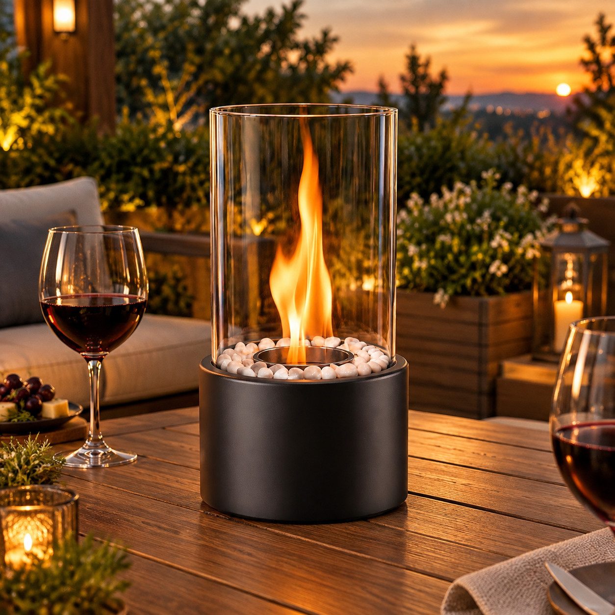 ZMH Tischfeuer Indoor Outdoor Tischkamin Ethanol Dekokamin Set Glas Edelstahl, Mit dekorativen Kieselsteinen, geeignet für drinnen und draußen