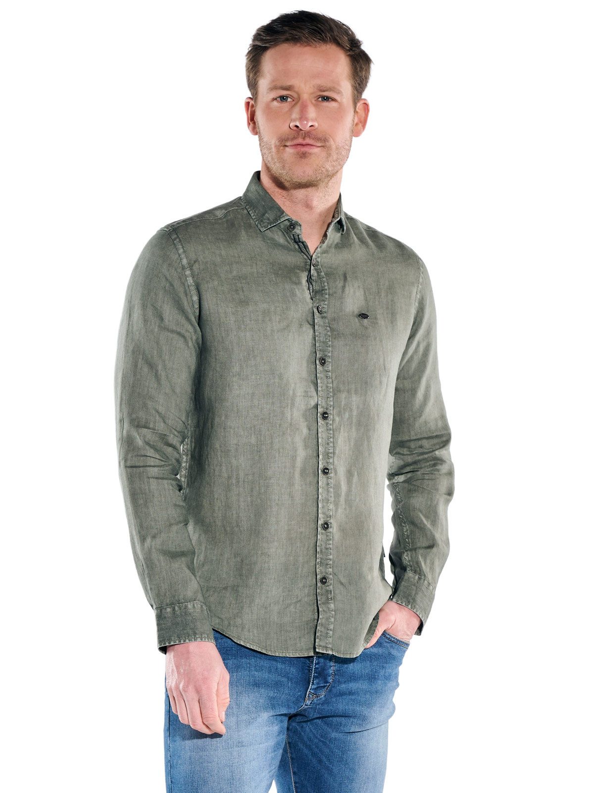 Engbers Langarmhemd Herren Leinenhemd mit gewaschener Optik, Khaki
