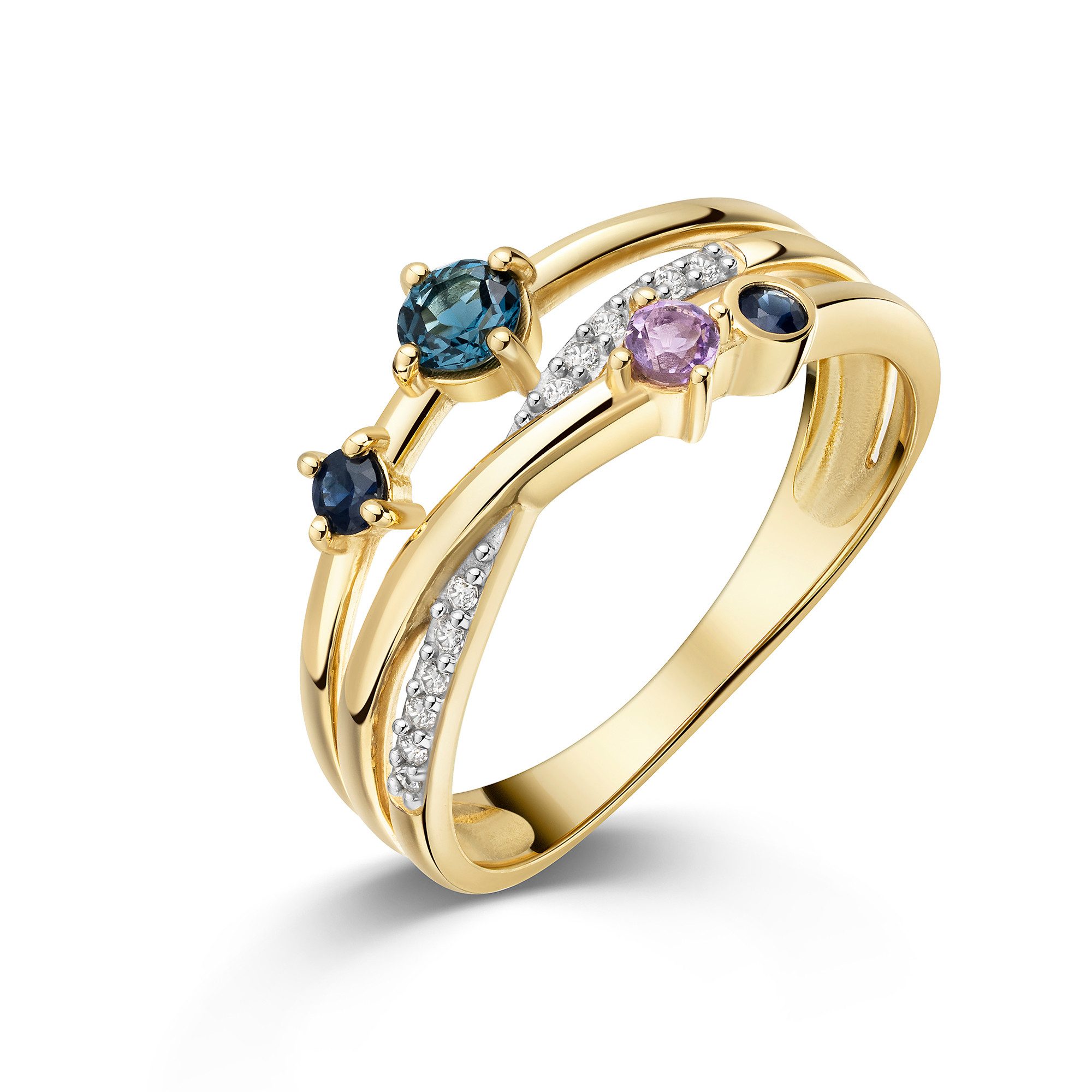 Firetti Fingerring Schmuck Geschenk Gold 333 Damenring Ring mehrreihige Optik, mit Amethyst, Blautopas (behandelt), Saphir, Zirkonia (synth)