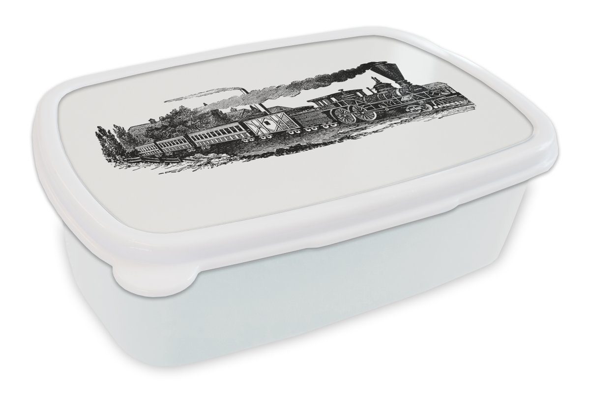 MuchoWow Lunchbox Vintage - Zug - Dampfzug, Kunststoff, (2-tlg), Brotbox für Kinder und Erwachsene, Brotdose, für Jungs und Mädchen weiß