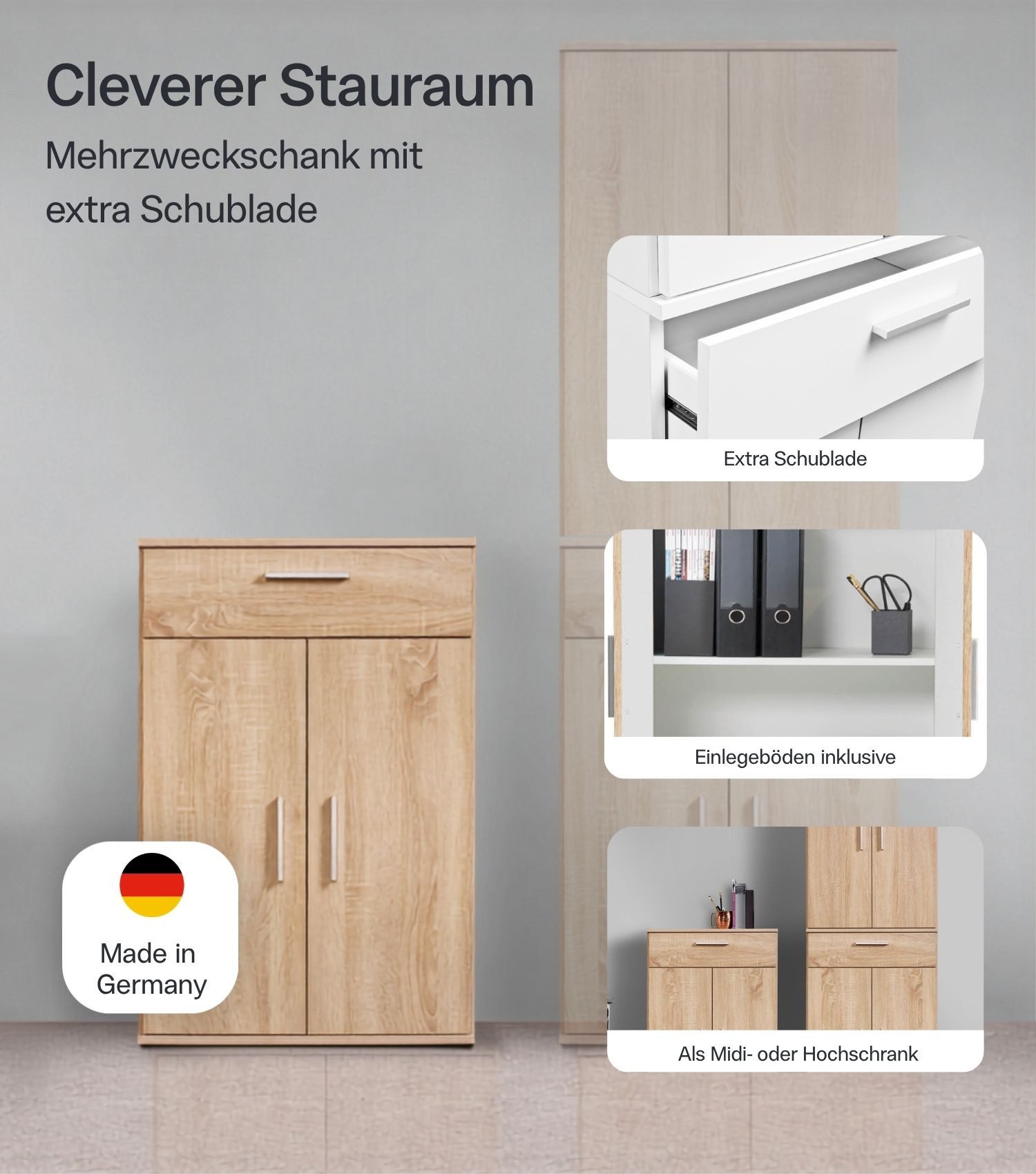 mokebo Mehrzweckschrank Der Praktische (60x90 cm, mit Schublade) Made in Germany Schrank