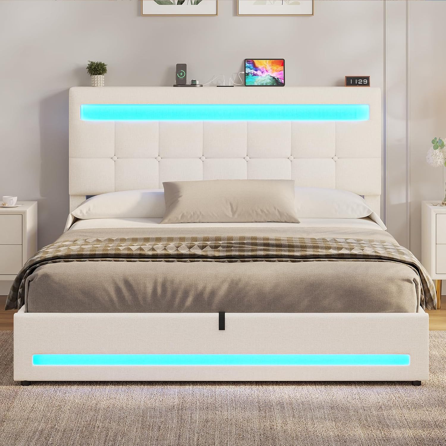 MSMASK Polsterbett Jugendbett mit LED Beleuchtung und Ladestation, Hydraulisches Bett (Ohne Matratze), mit Höhenverstellbares Kopfteil und Stauraum – Bild 5 von 5