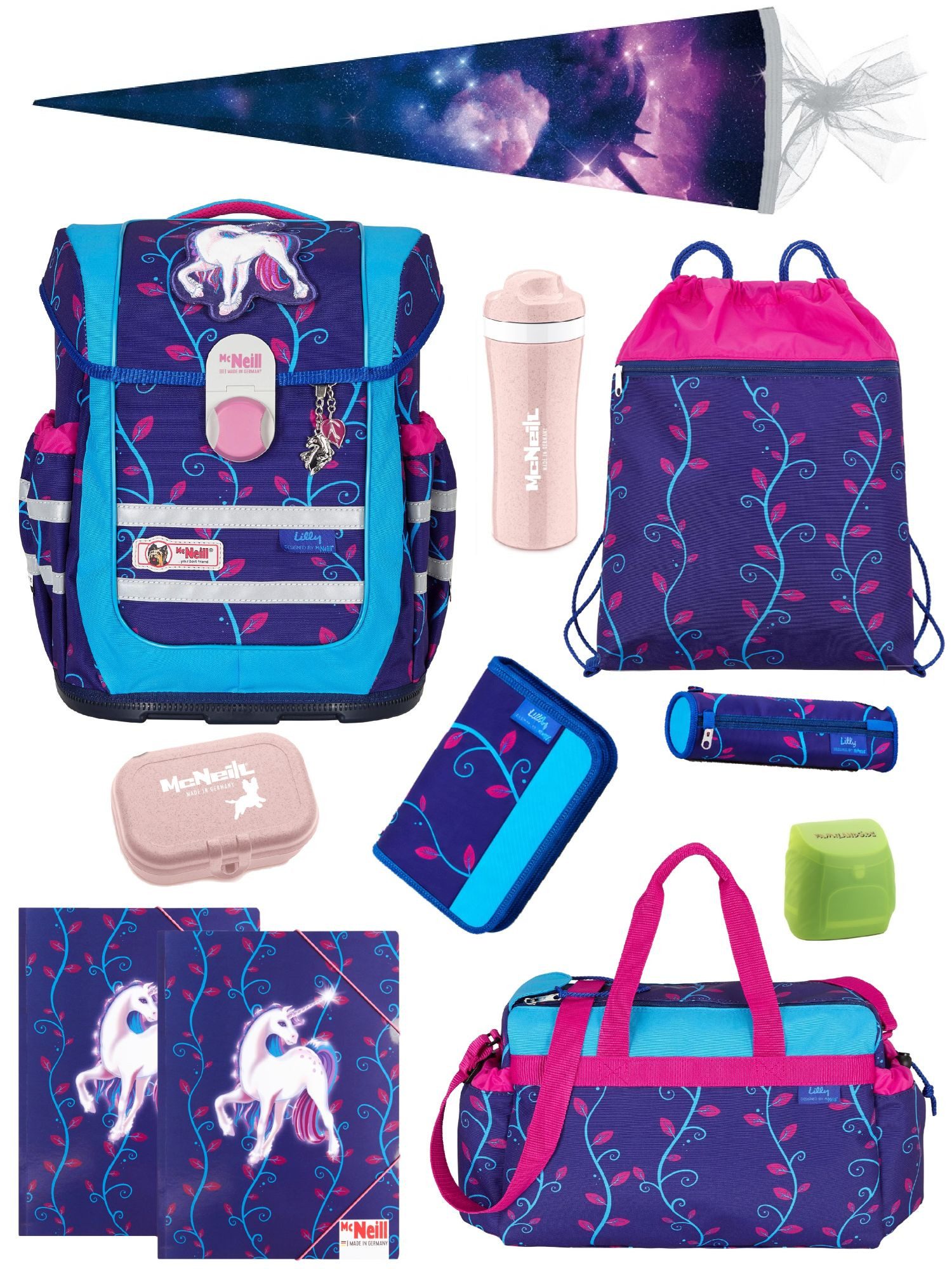 McNeill Schulranzen Ergo Complete "Lilly" Unicorn Einhorn Schultasche ab der 1. Klasse (Set, 12-tlg., Komplett-Set mit Sporttasche und Schultüte), ergonomisch; mit Brustgurt; verstellbar - wächst mit dem Kind mit
