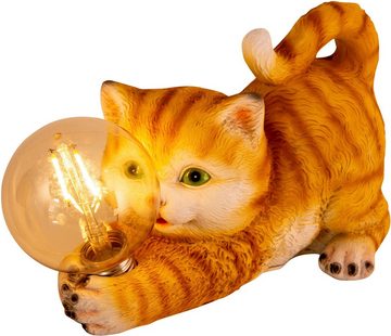 näve LED Solarleuchte Katze, LED fest integriert, Warmweiß, süße gestreifte Katze mit beleuchteter Kugel und warmweißem Licht