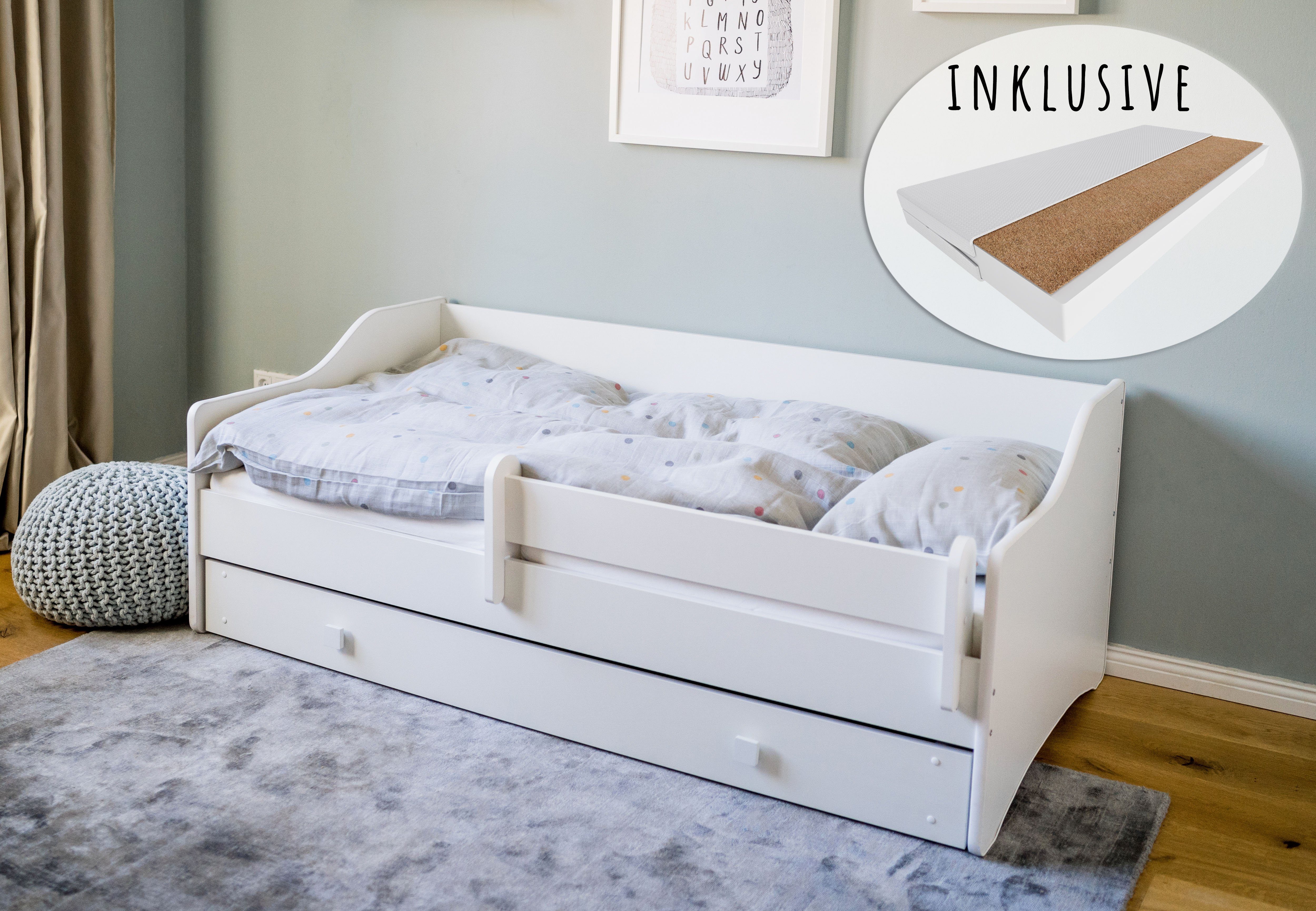 Kinderbett Couch 80x160 cm mit Matratze Rausfallschutz Lattenrost Schublade 