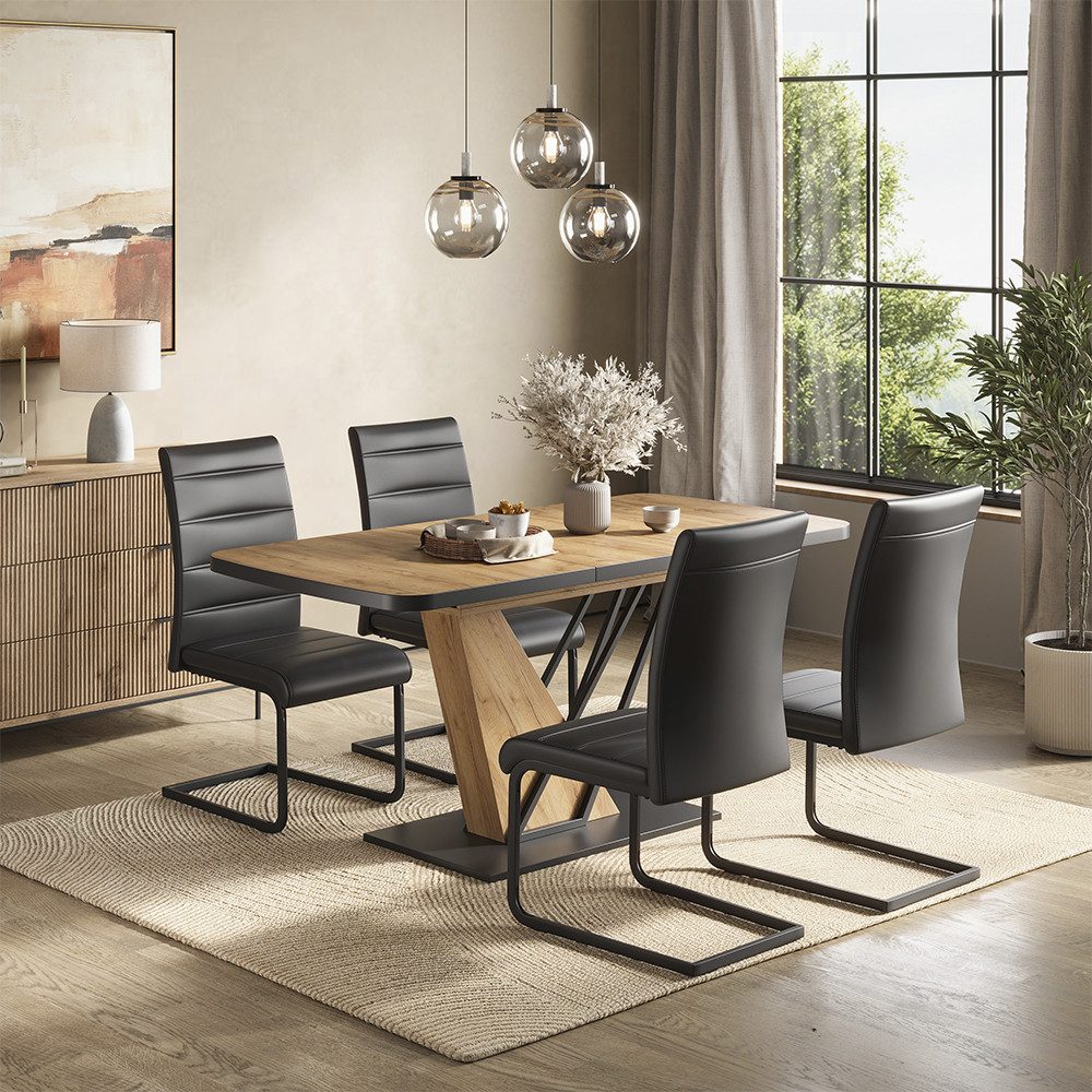 Vicco Essgruppe Fenaro, Goldkraft Eiche, 120 x 80 cm mit 4 Esszimmerstühlen, Schwarz, (6-tlg)