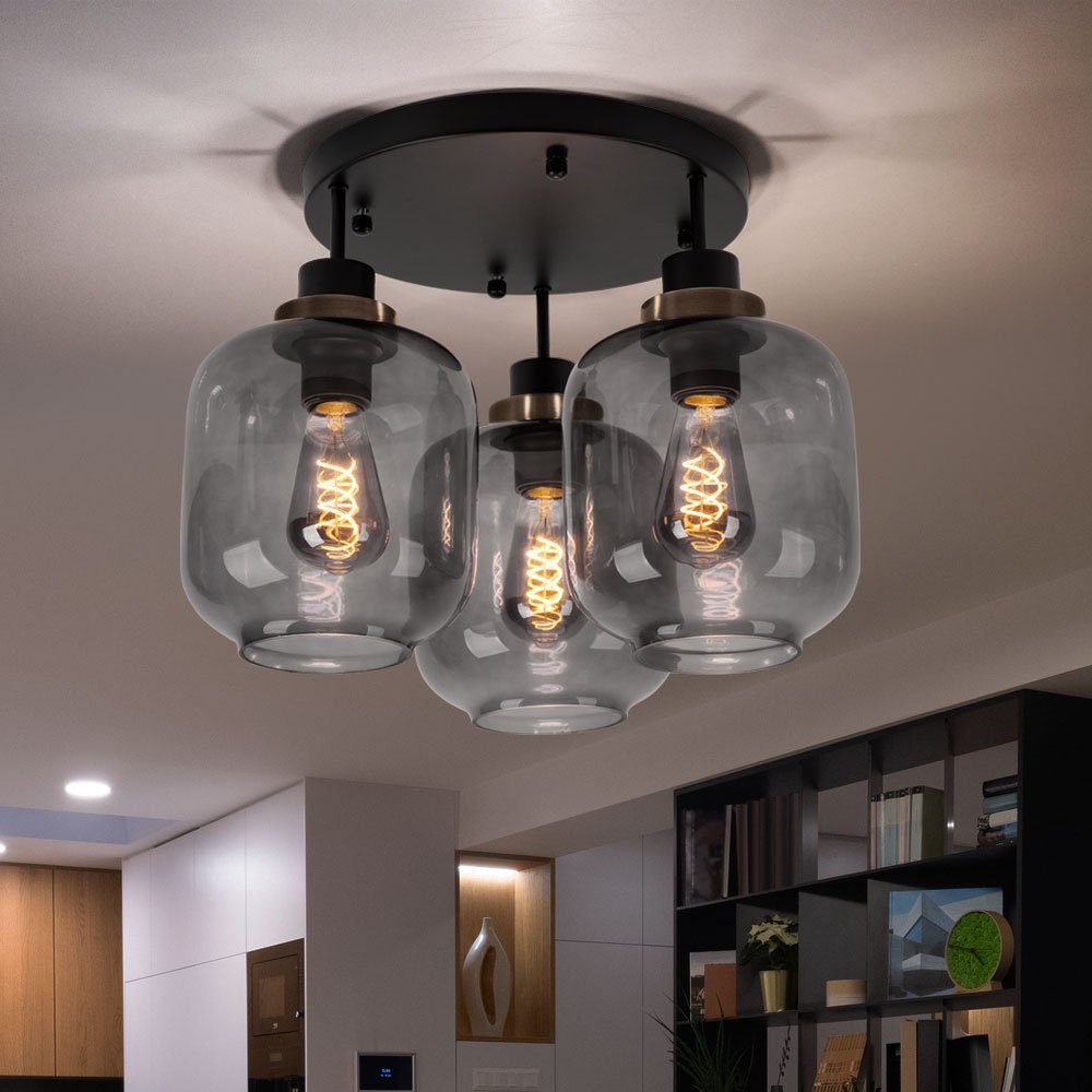 GLOBO LIGHTING Deckenleuchte, Leuchtmittel nicht inklusive, Deckenlampe Wohnzimmerleuchte 3-flammig Glas Schirm rauch schwarz