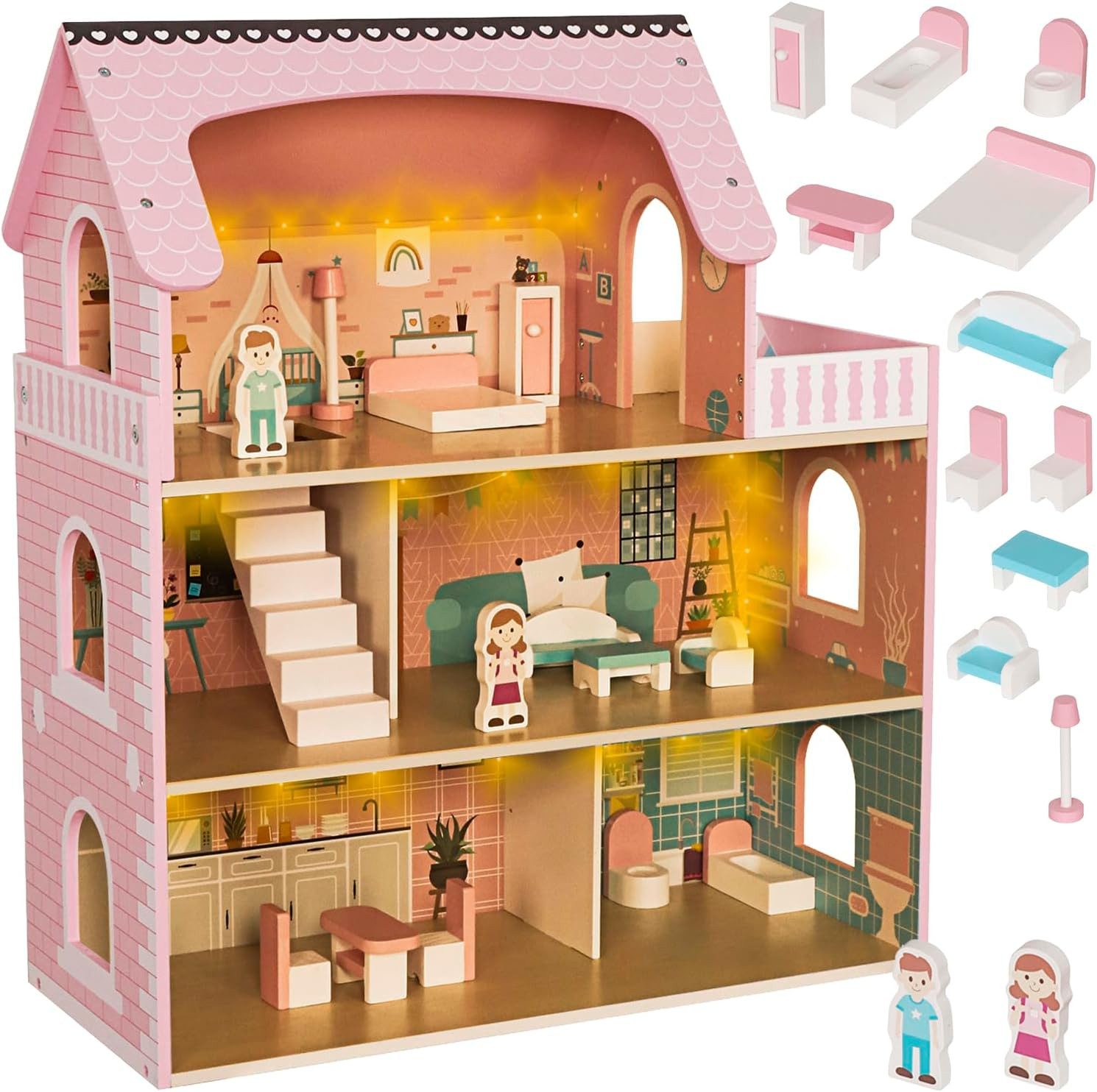 KRUZZEL Puppenhaus Puppenhaus aus Holz XXL 70cm mit LED-Beleuchtung & Möbeln –3 Etagen