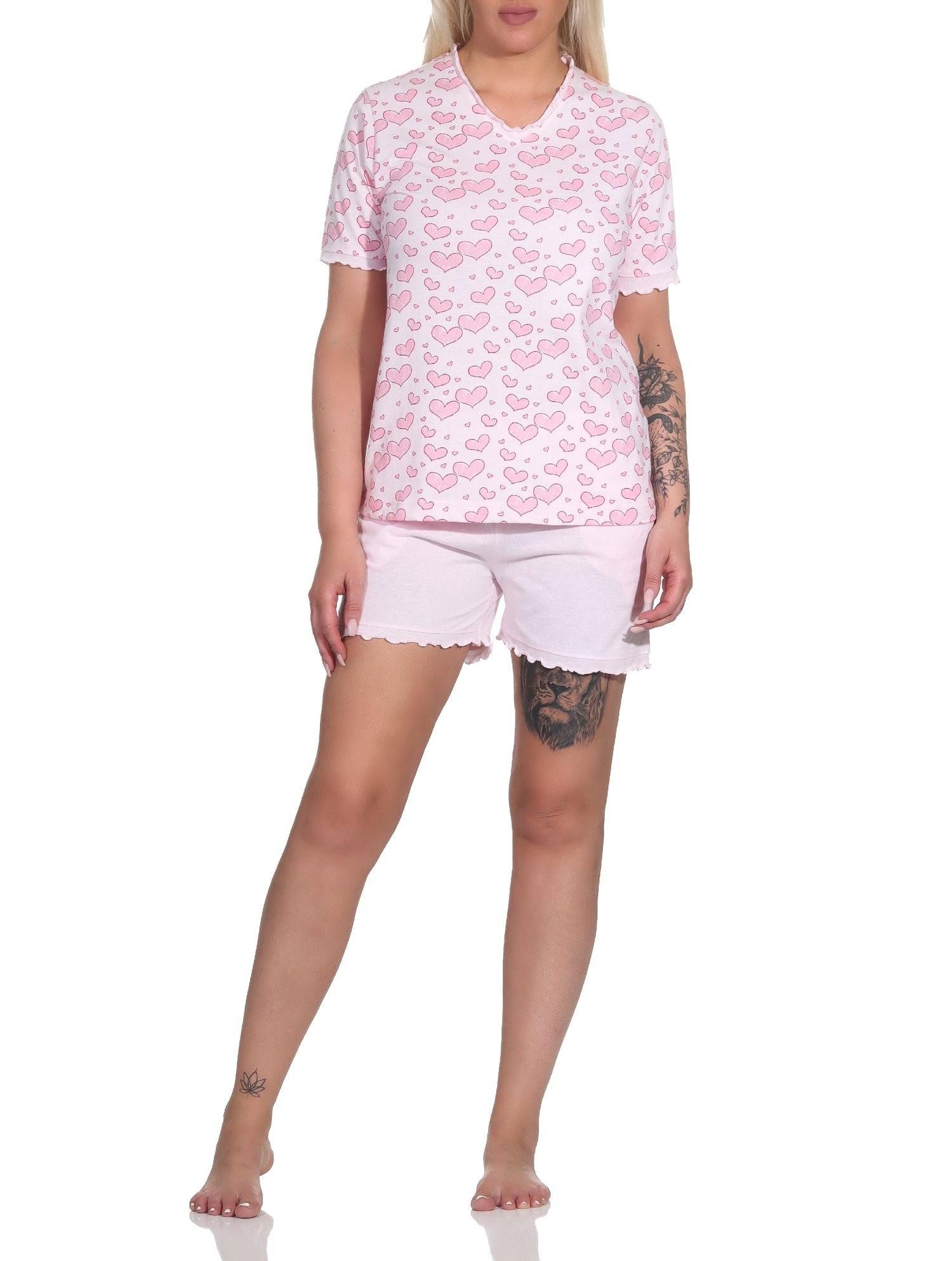 Pyjama Damen Kurzarm Schlafanzug Shorty in Herz Optik - auch in Übergrößen