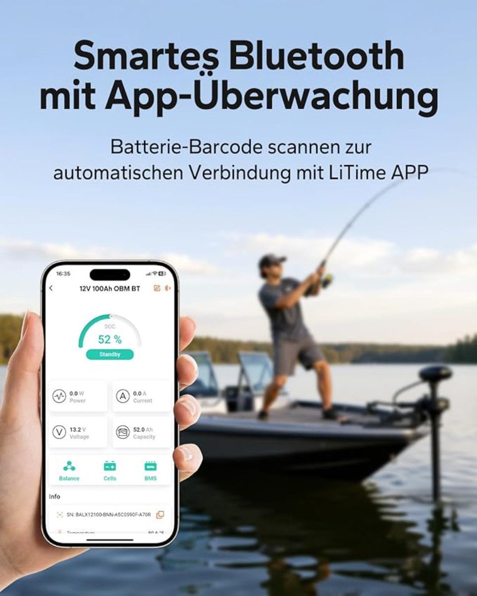 LiTime 12V 100Ah LiFePO4 Batterie für elektrischen Außenborder Trolling Motor Solarakkus (12 V), 1280Wh Solarspeicher mit Bluetooth für Boote mit Elektroaußenborder