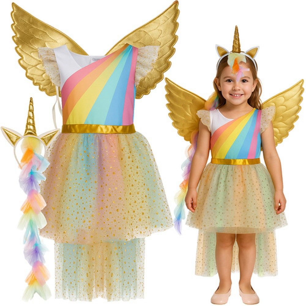 KRUZZEL Kostüm Kinderkostüm Einhornkostüm Fasching, Enthält Kleid, goldene Flügel und Stirnband mit Einhornhorn